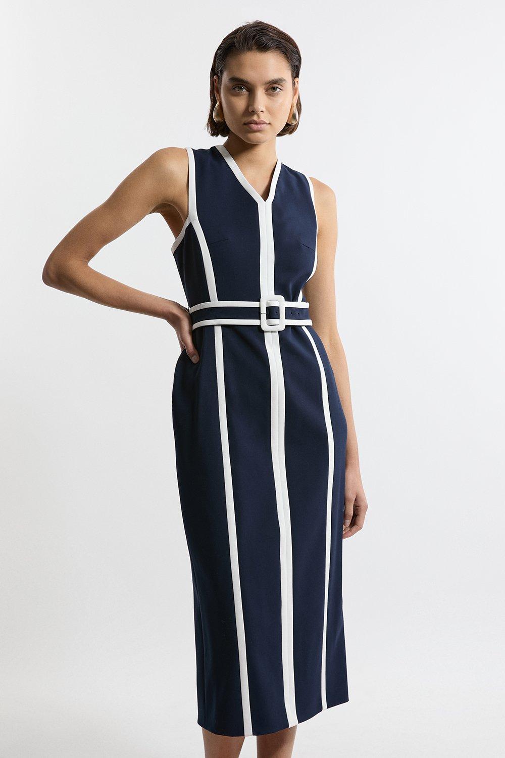 Compact Stretch Belted Sleeveless Tailored Midi Dress - Navy