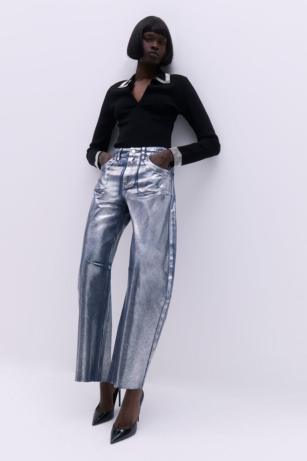 Denim Foiled Wide Leg Jeans - Mid Blue