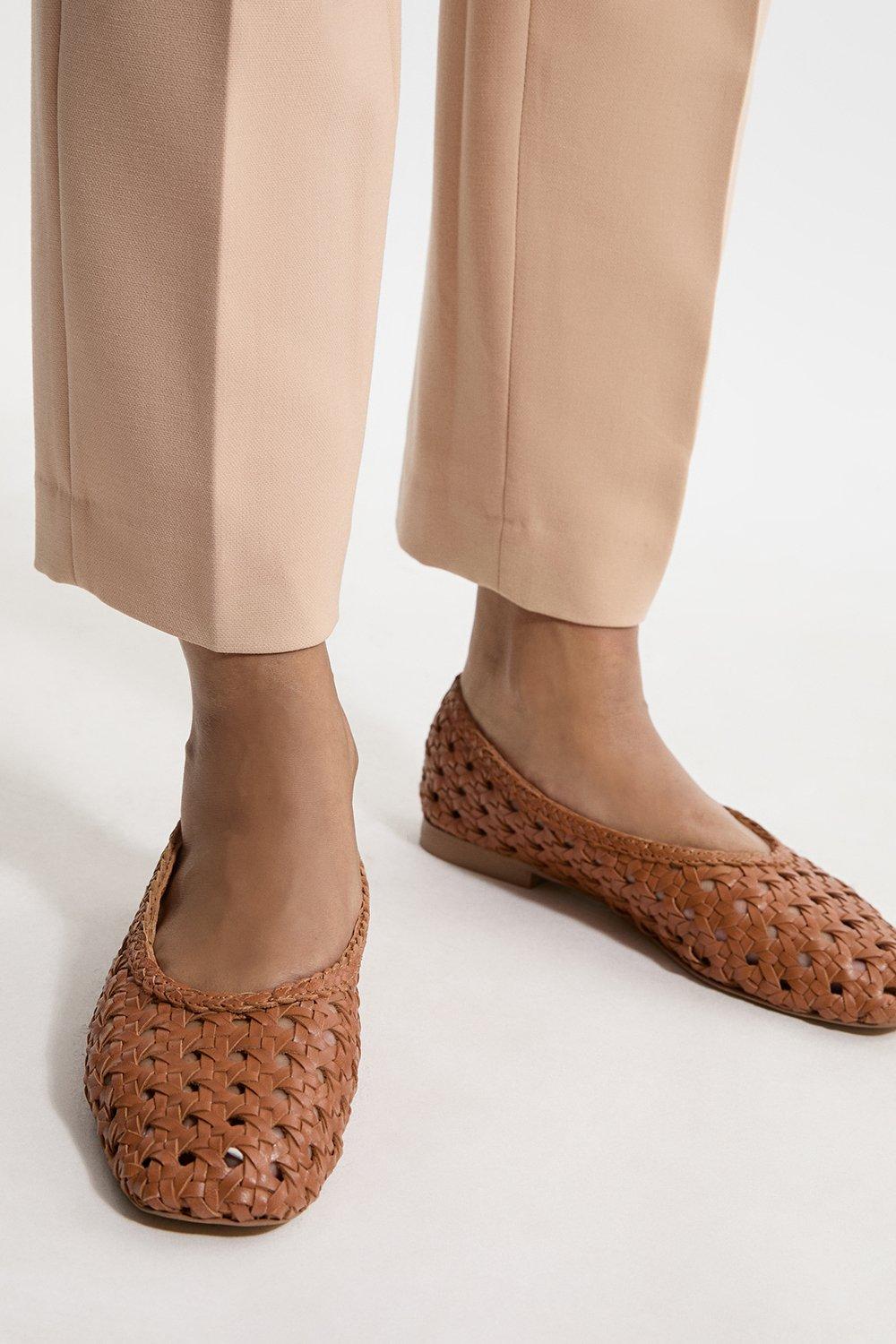 Leather Woven Ballet Pump - Tan