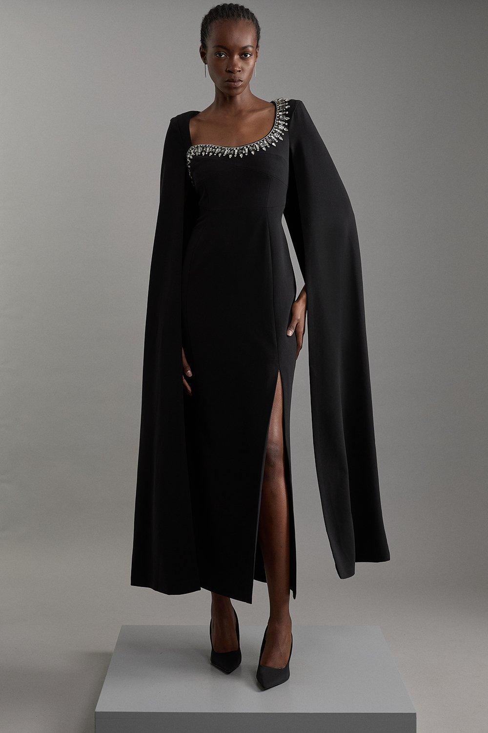 Petite Crystal Embellished Viscose Crepe Woven Cape Maxi Dress - Black