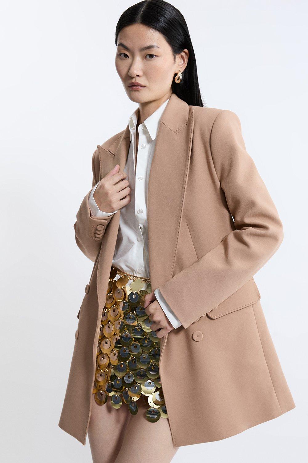 Compact Stretch Double Breasted Oversized Tailored Jacket - Camel