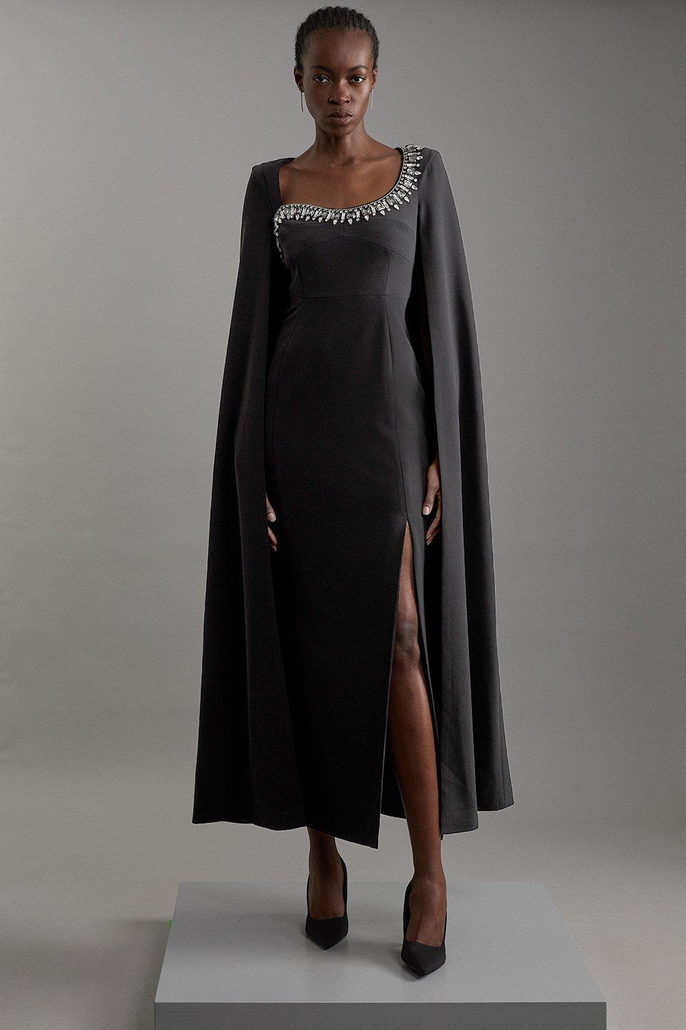 Crystal Embellished Viscose Crepe Woven Cape Maxi Dress - Black