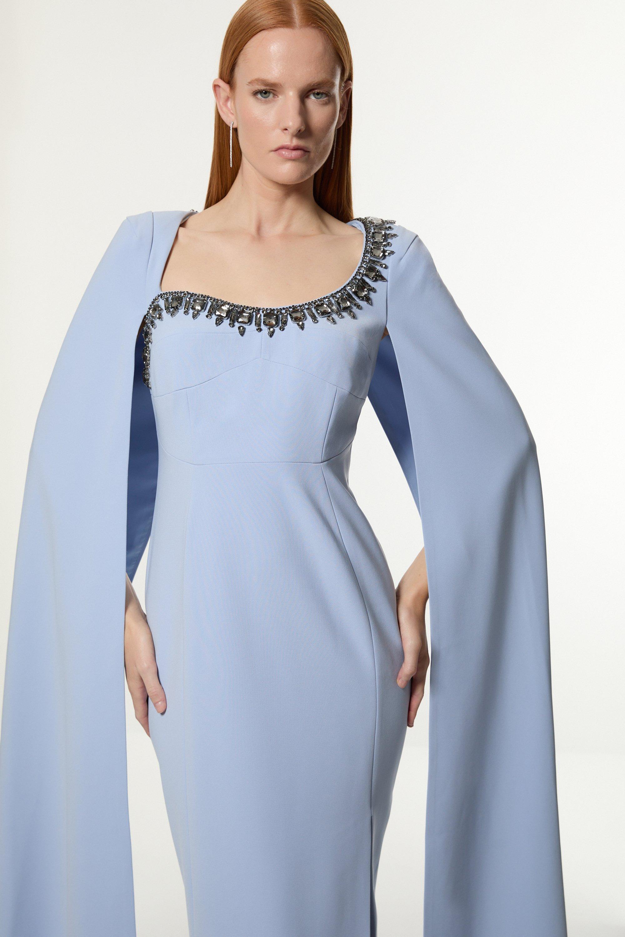 Crystal Embellished Viscose Crepe Woven Cape Maxi Dress - Blue