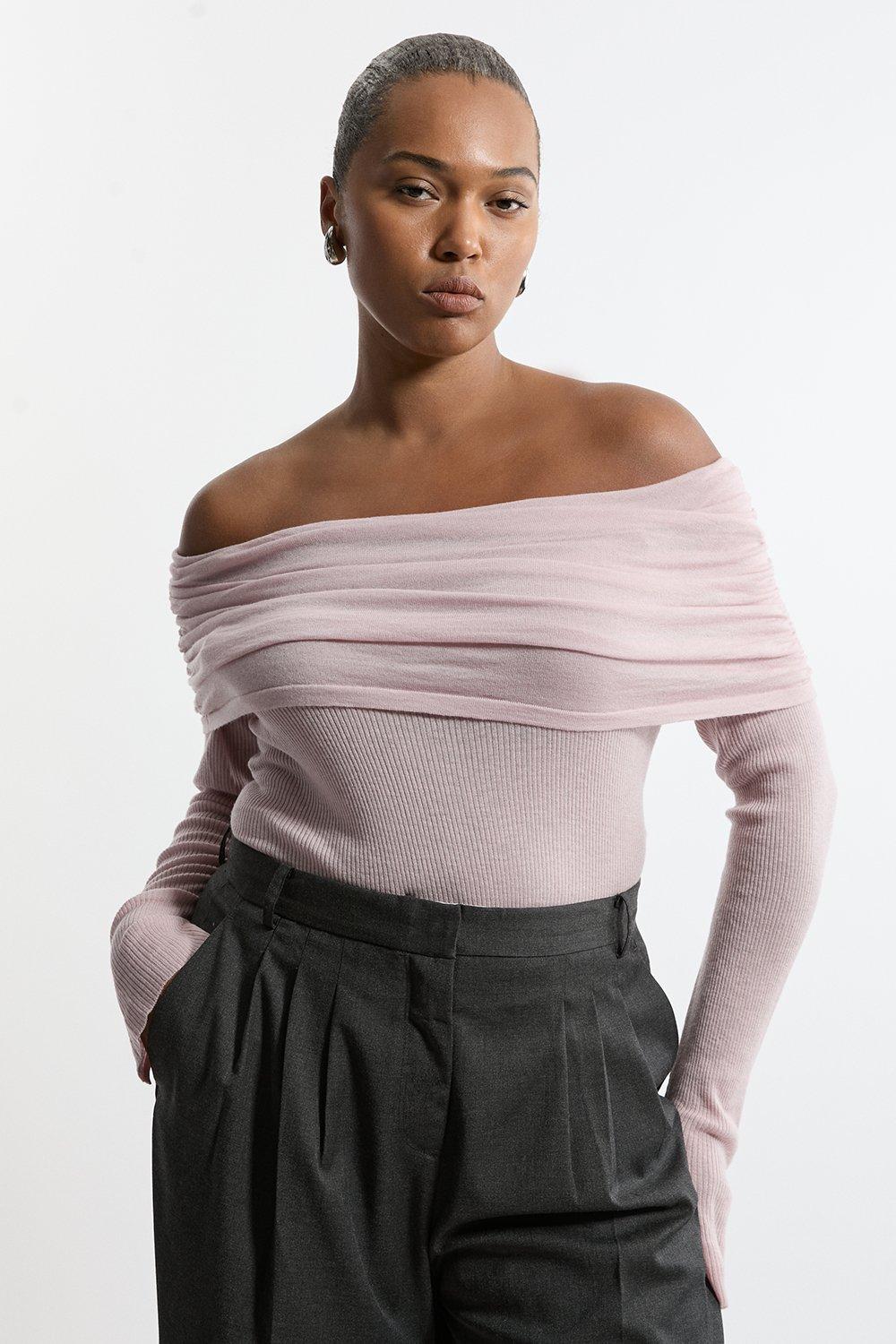 Premium Yarn Collection - Plus Size Merino Wool Bardot Fine Knit jumper - Mauve