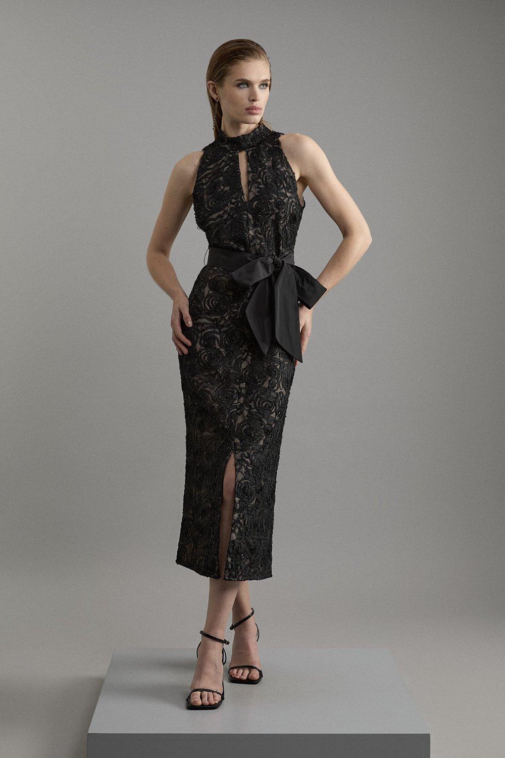 Beaded Textured Lace Halter Woven Maxi Dress - Black