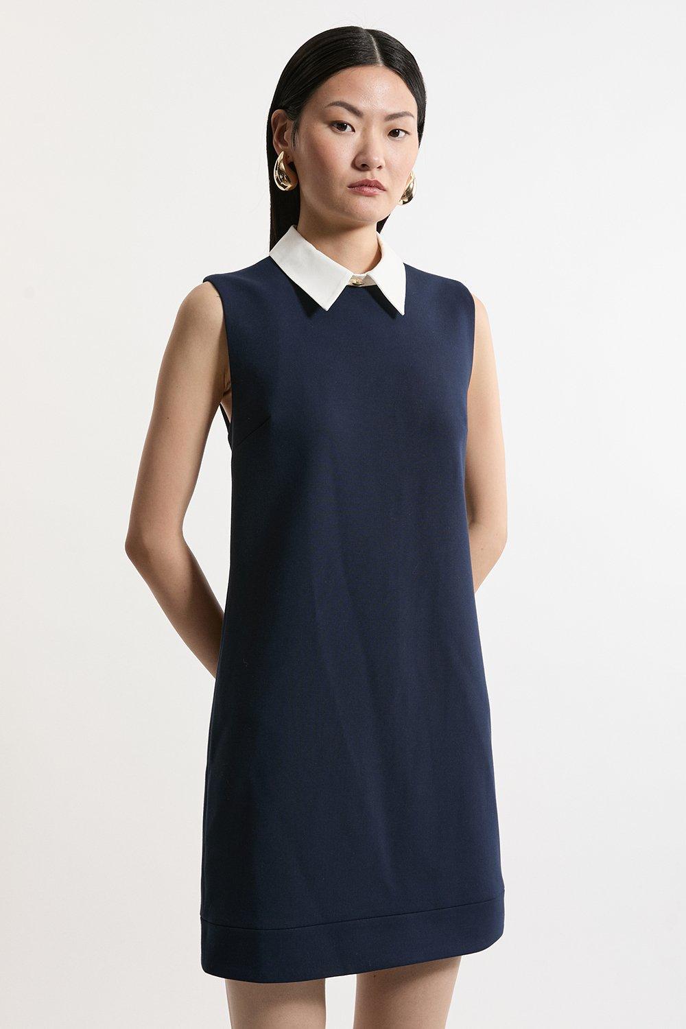 Petite Compact Stretch Tailored Collared Sleeveless Dress - Navy