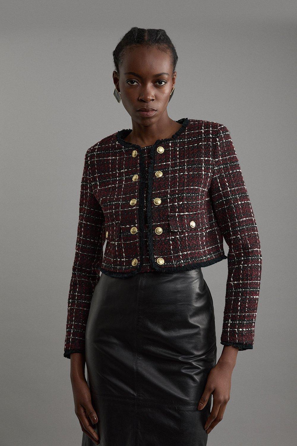 Wool Mix Check Boucle Tailored Cropped Jacket - Red