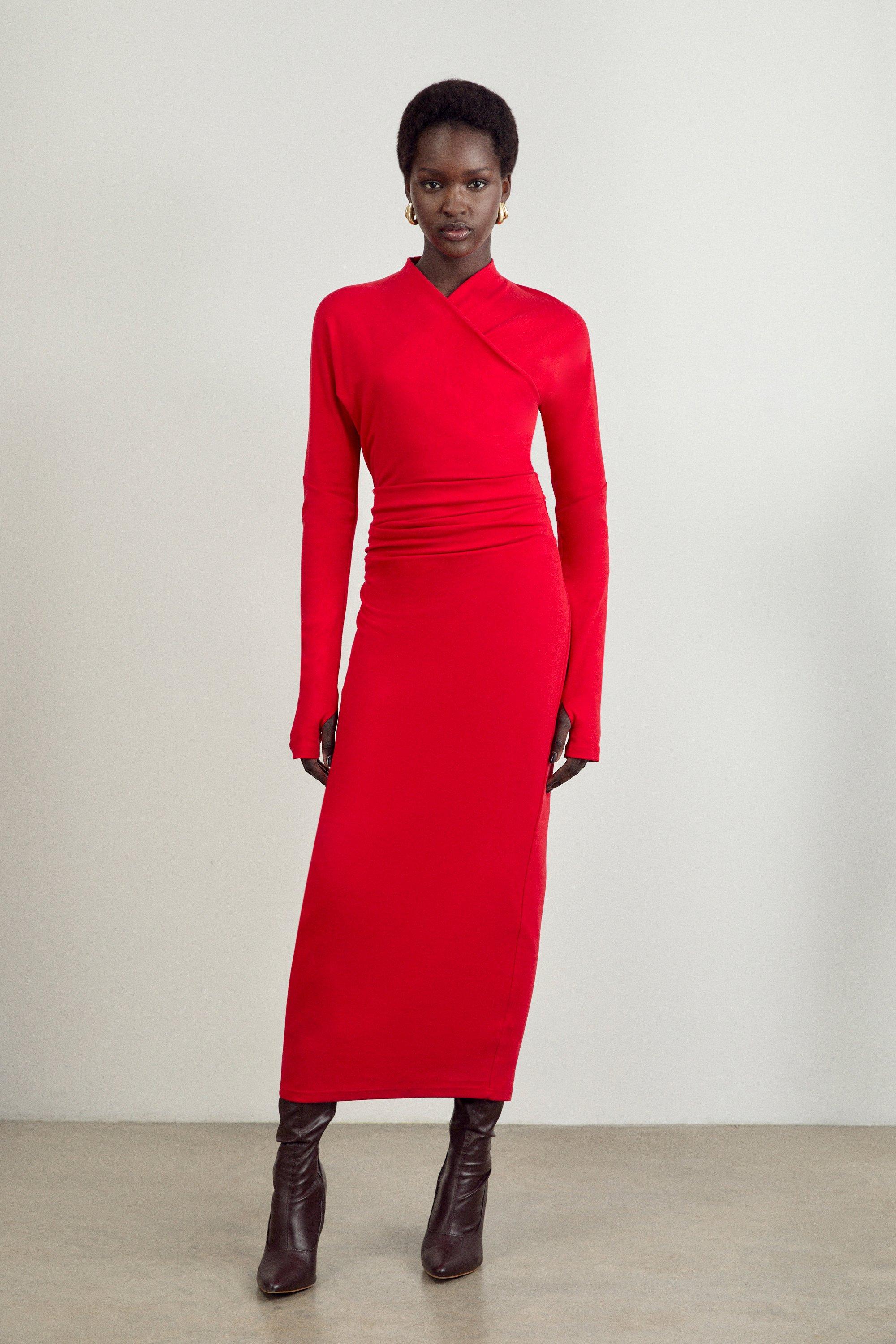 Petite Soft Touch Jersey Asymmetric Neck Midi Dress - Red