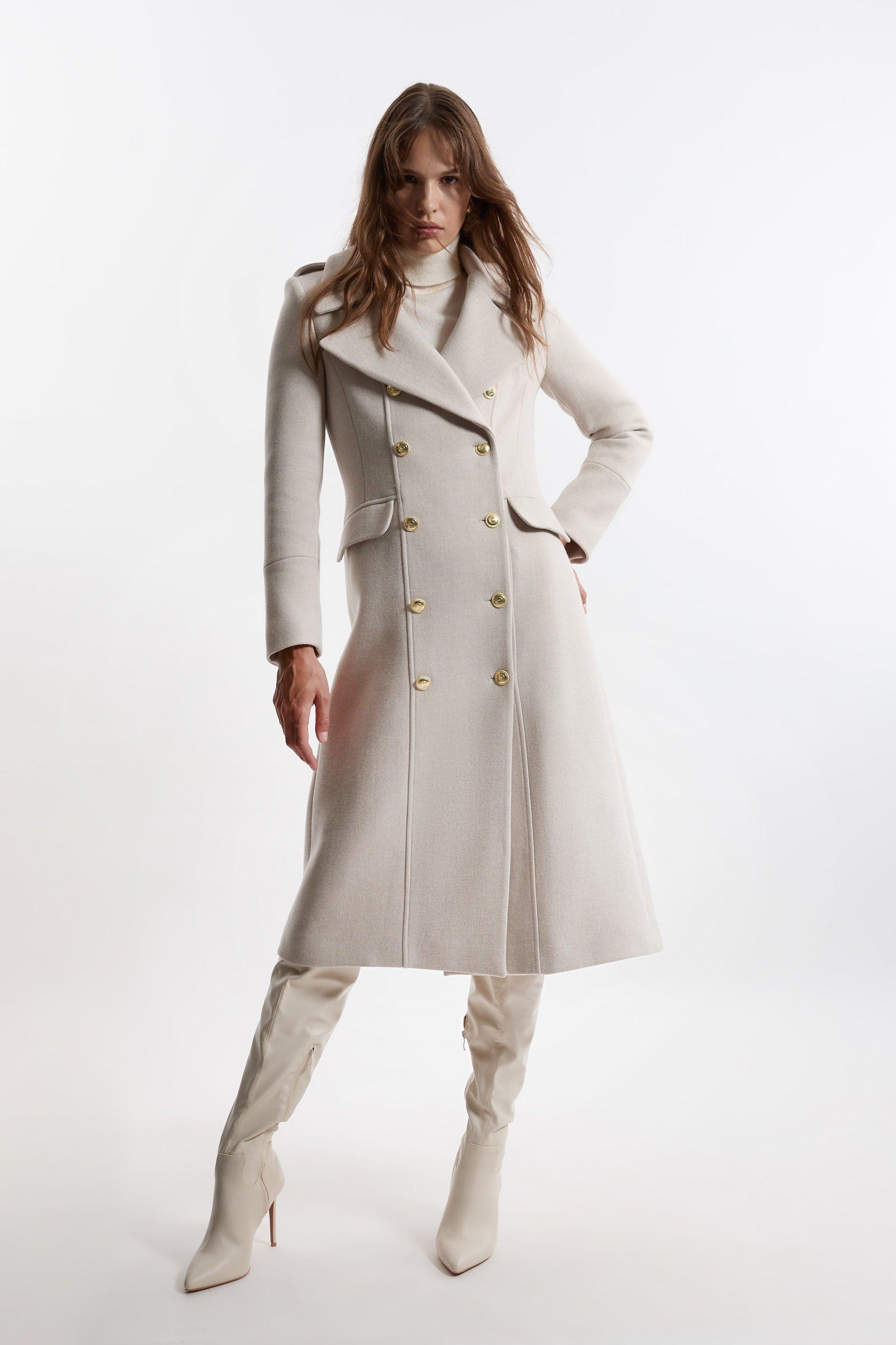 Premium Italian Manteco Wool Double Breasted Tailored Midi Coat – Oatmeal