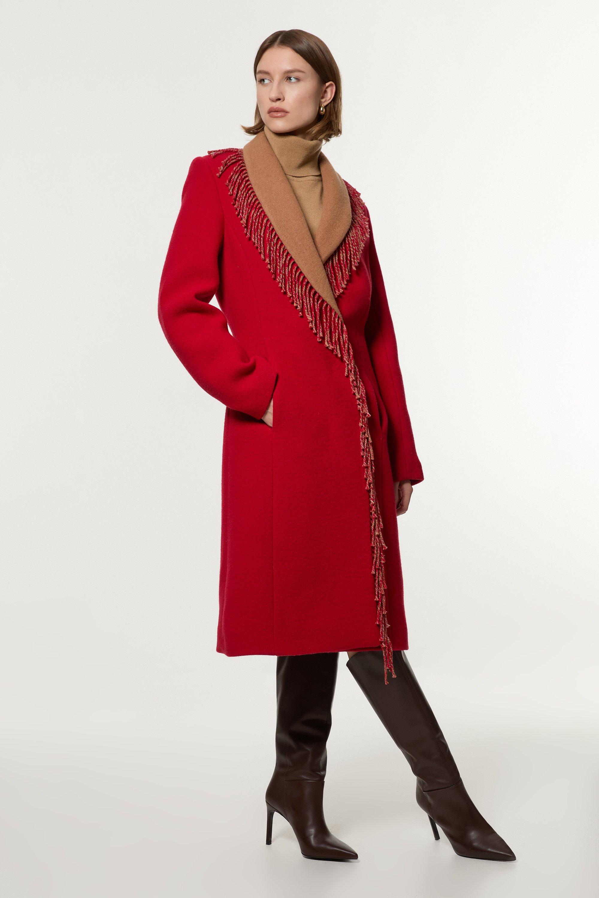 Premium Italian Manteco Wool Blend Fringe Collar Tailored Maxi Coat - Red