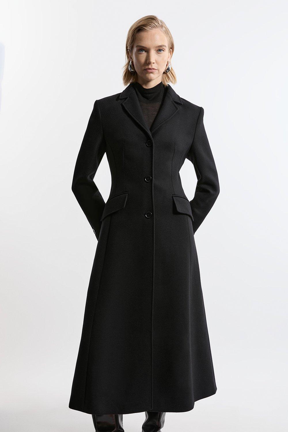 Premium Italian Manteco Wool Full Skirted Tailored Midaxi Coat - Black