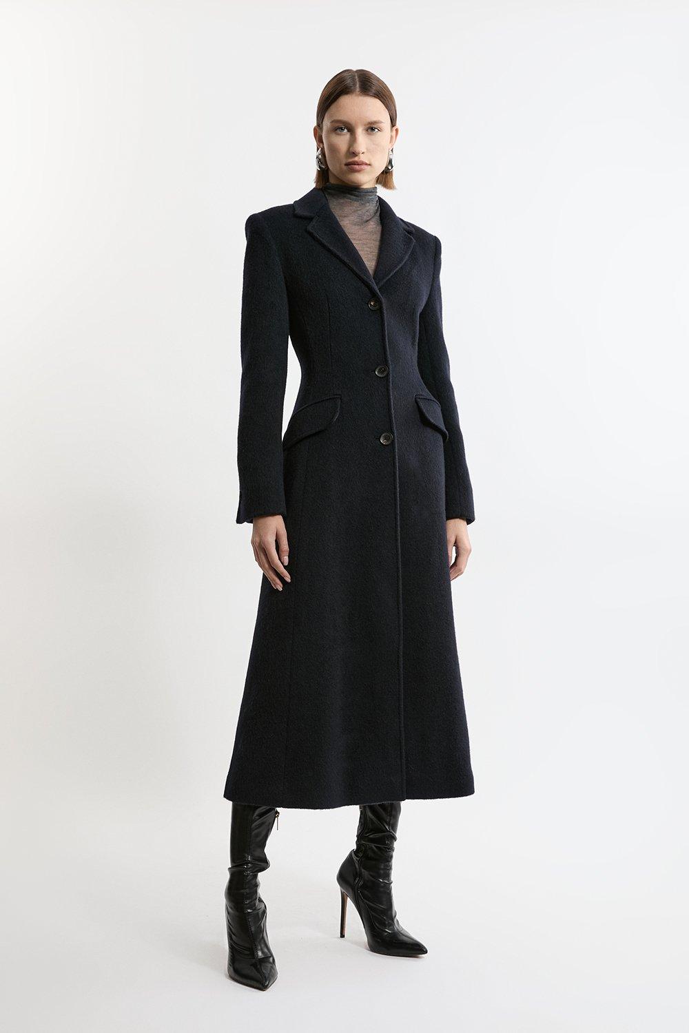 Premium Italian Manteco Wool Full Skirted Tailored Midaxi Coat - Navy