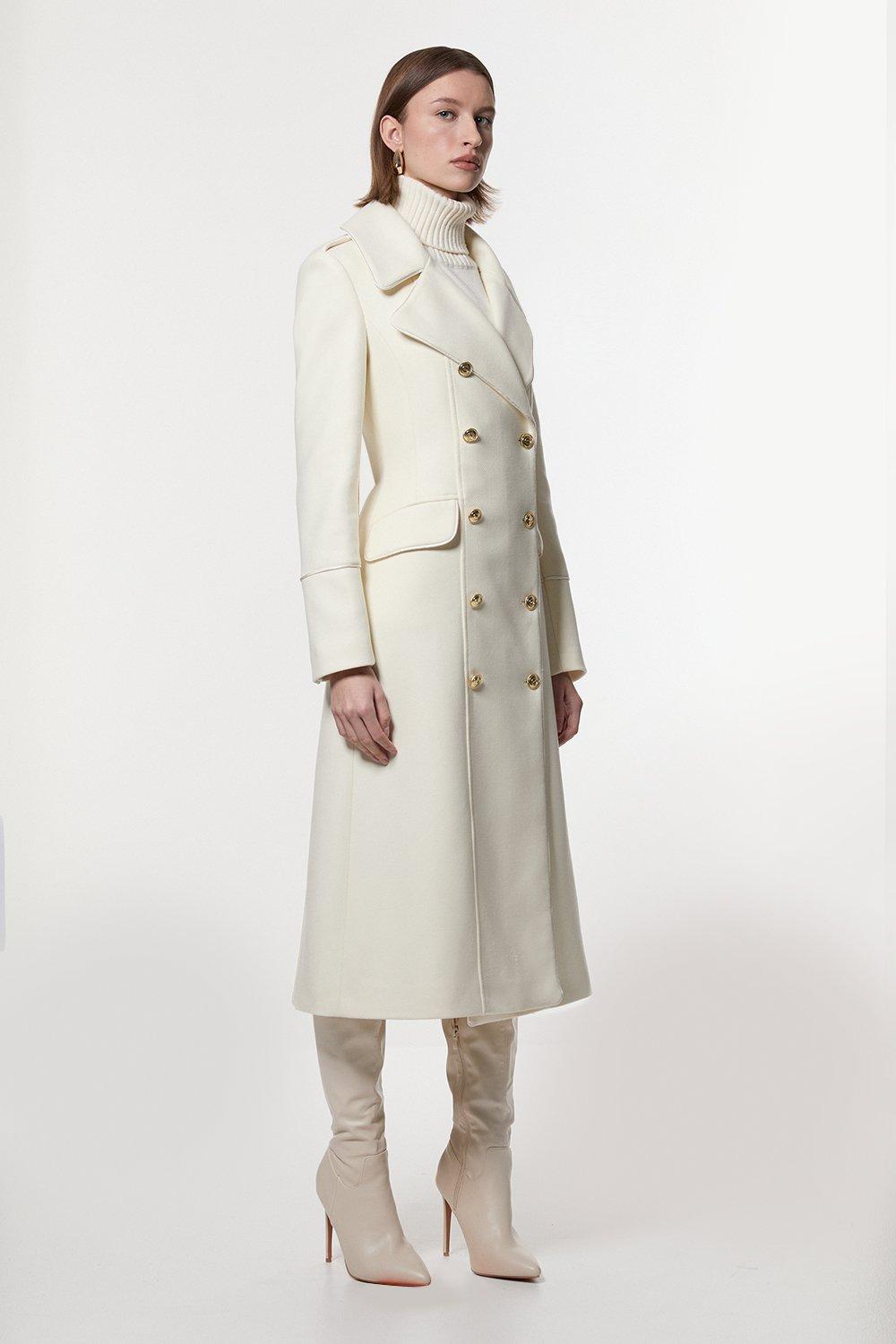 Premium Italian Manteco Wool Military Double Breasted Tailored Midi Coat - Ivory