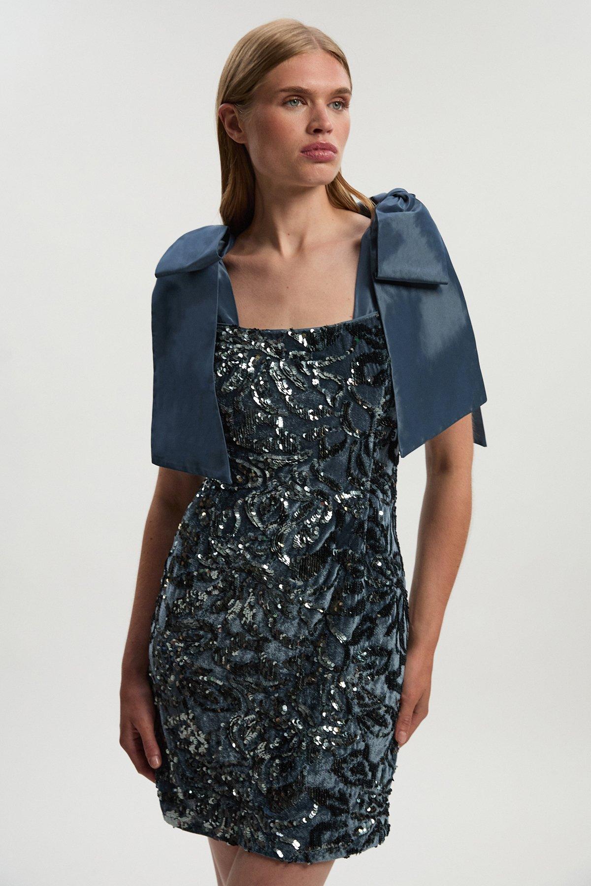 Tall Velvet Sequin Woven Mini Dress With Taffeta Bow Tie Detail - Silver