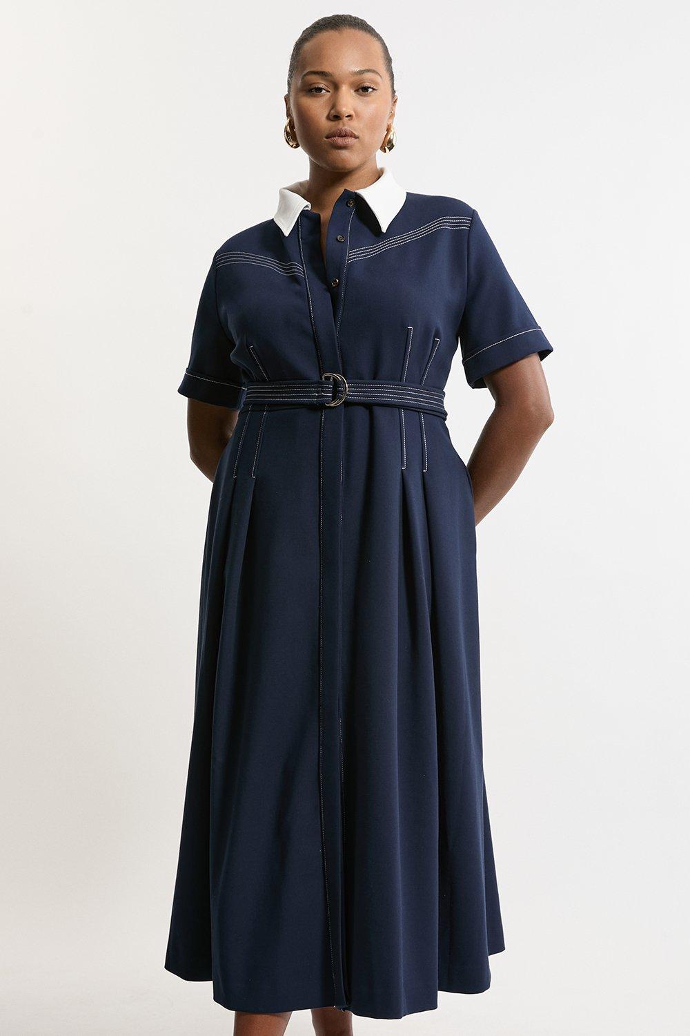 Plus Size Compact Stretch Contrast Collar Full Skirted Midi Dress - Navy