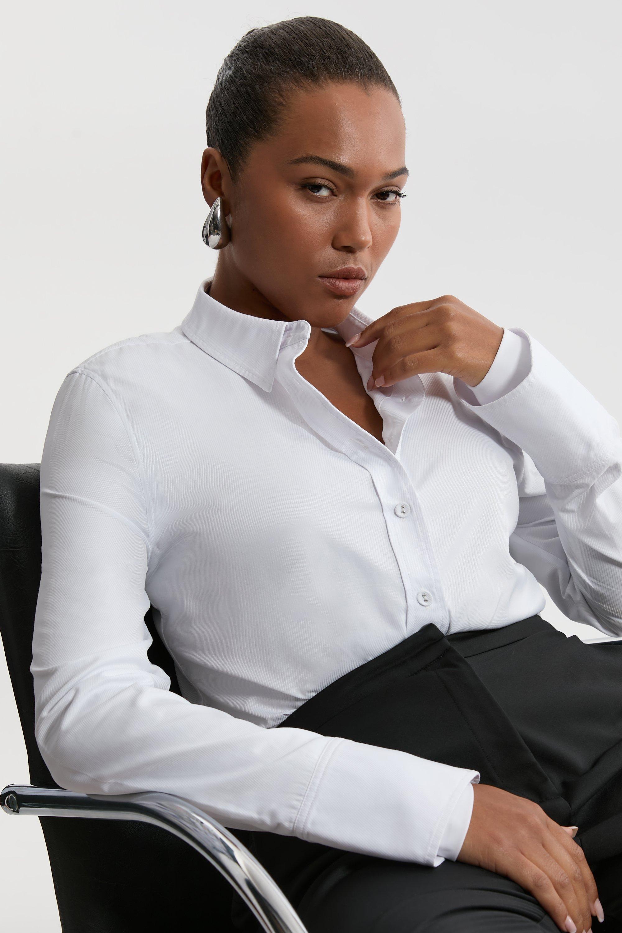Plus Size Cotton Woven Buttoned Shirt - White