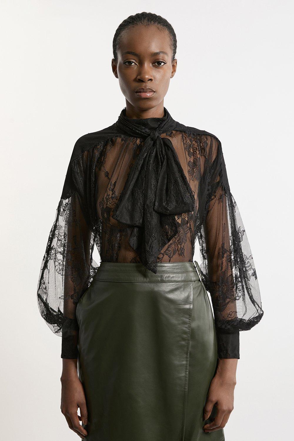 Sheer Lace Balloon Sleeve Bow Detail Blouse - Black