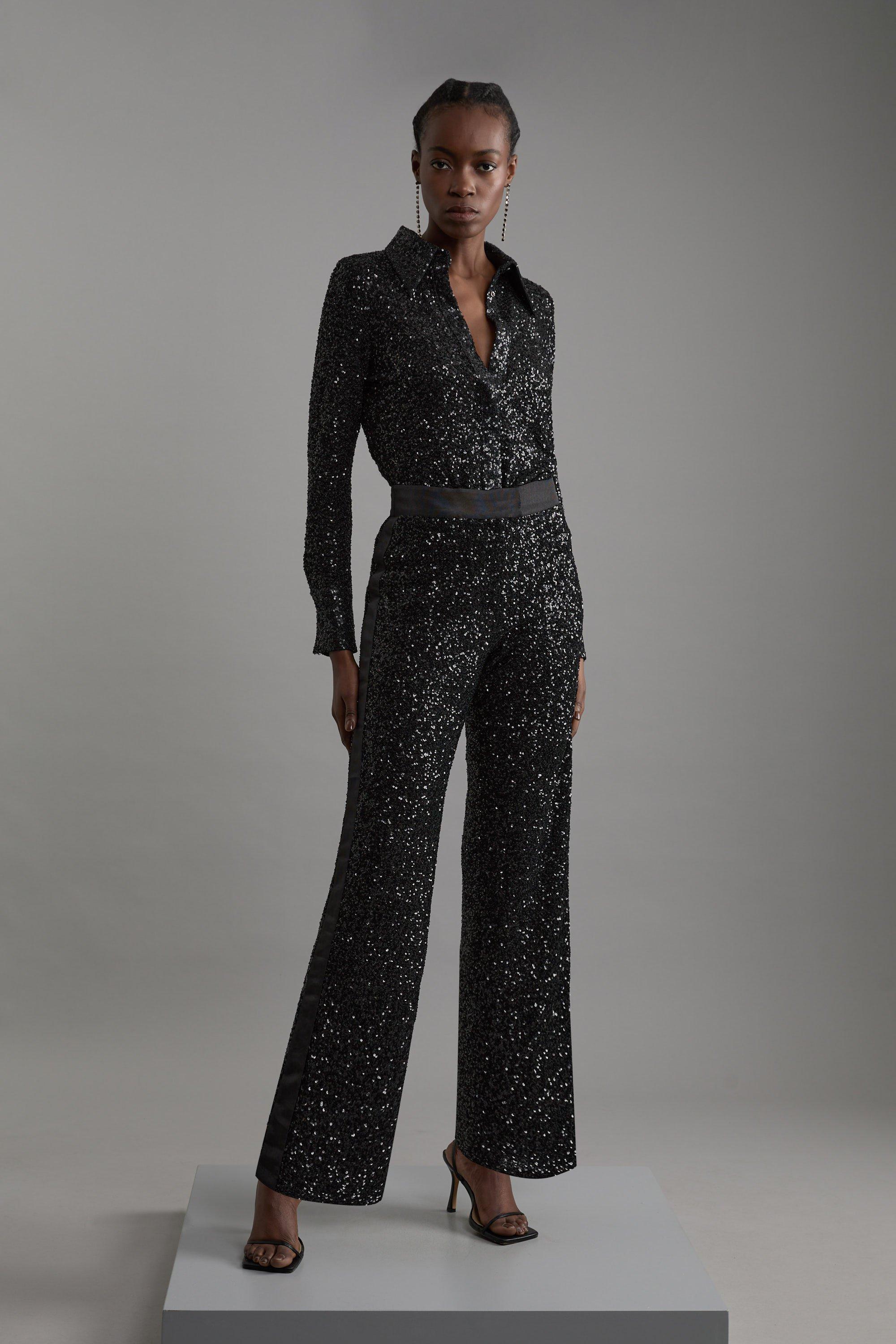 Sequin High Waisted Wide Leg Trousers - Black