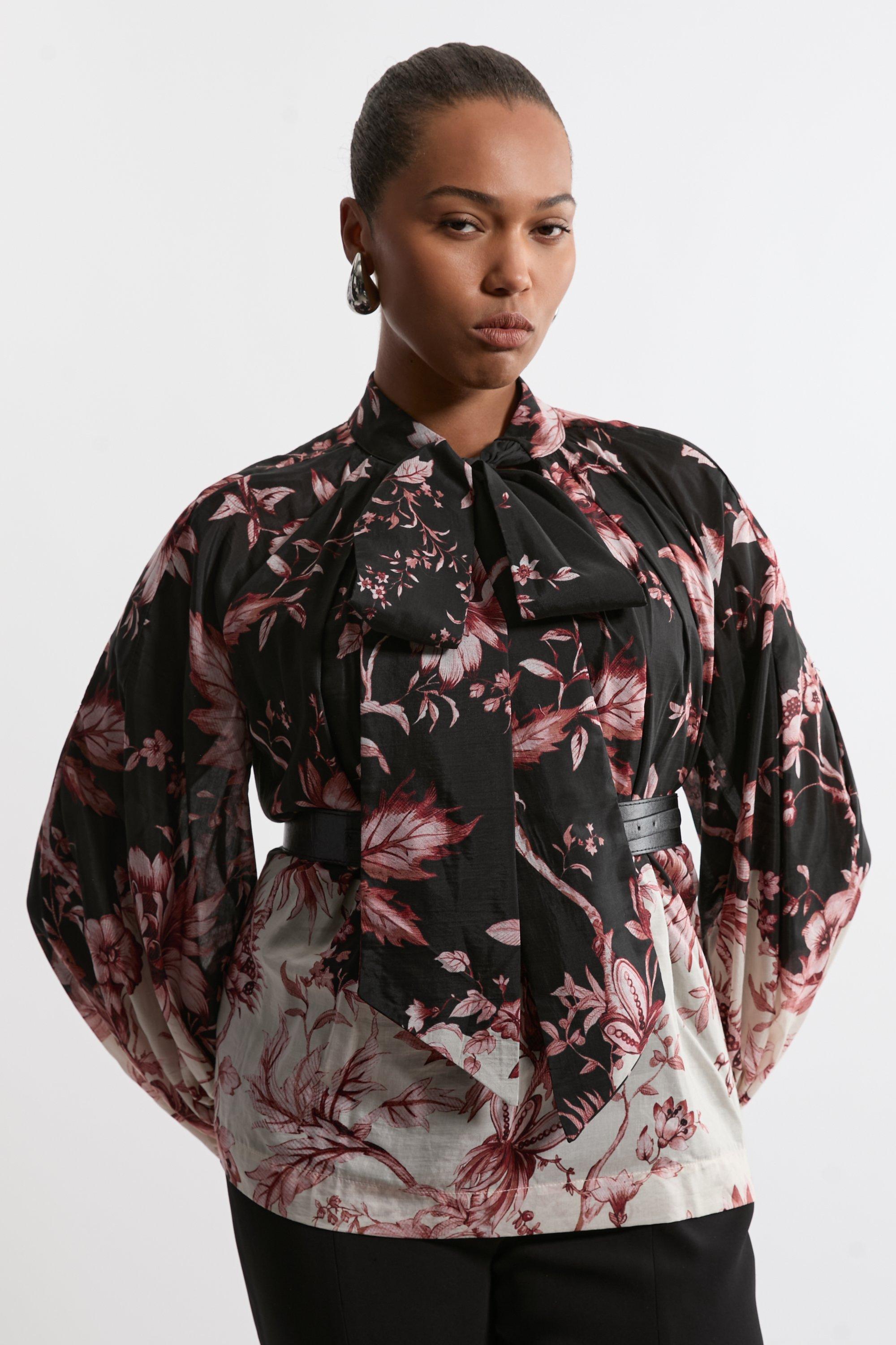 Plus Size Silk Cotton Border Print Woven Blouse - Floral