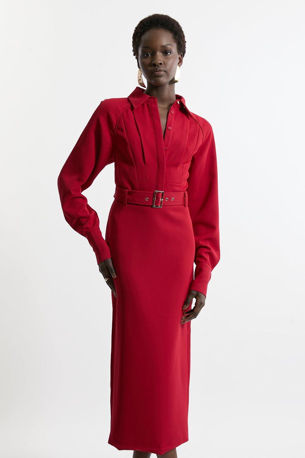 Twill Collared Woven Maxi Dress - Red