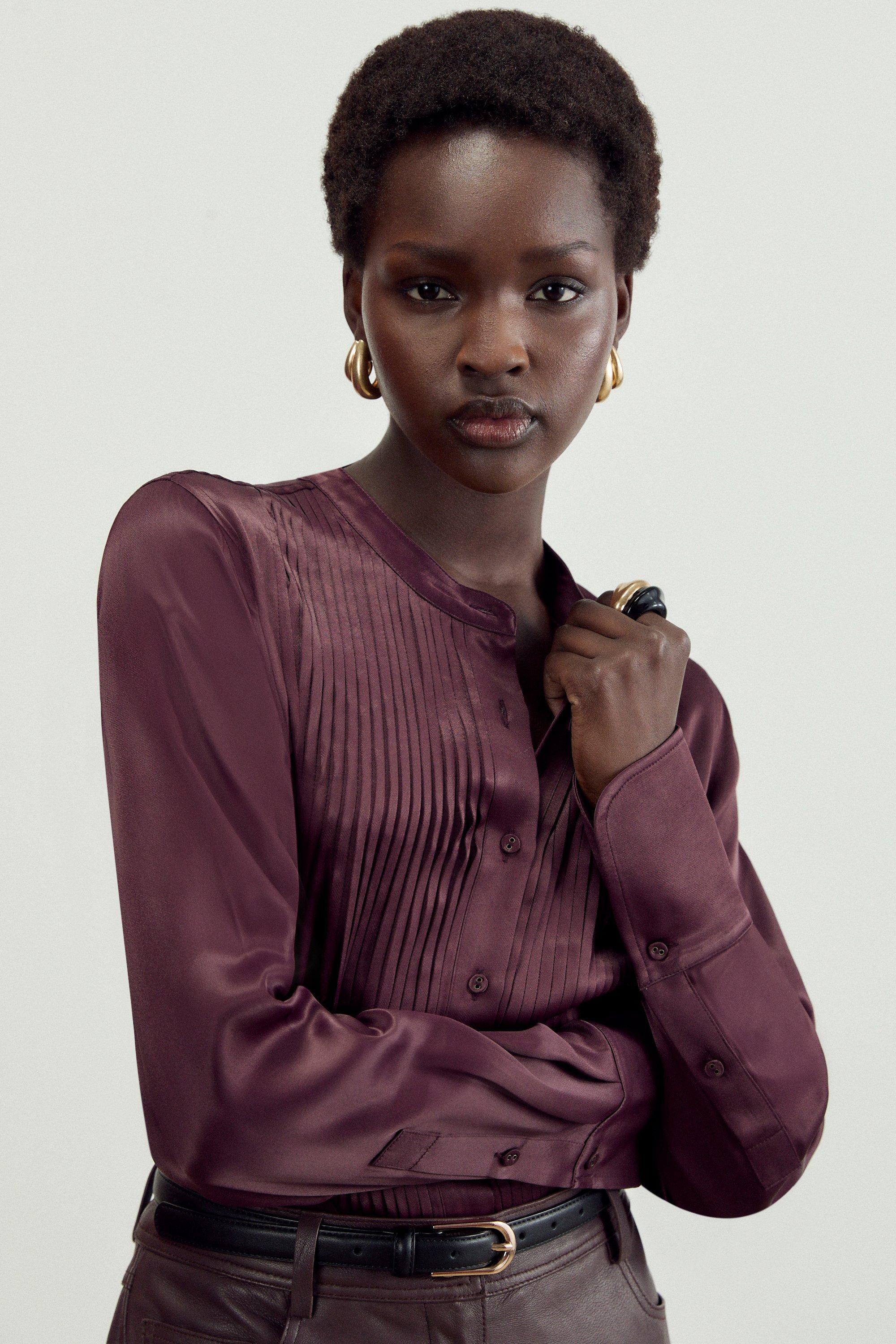 The Founder Satin Pintuck Woven Blouse - Brown