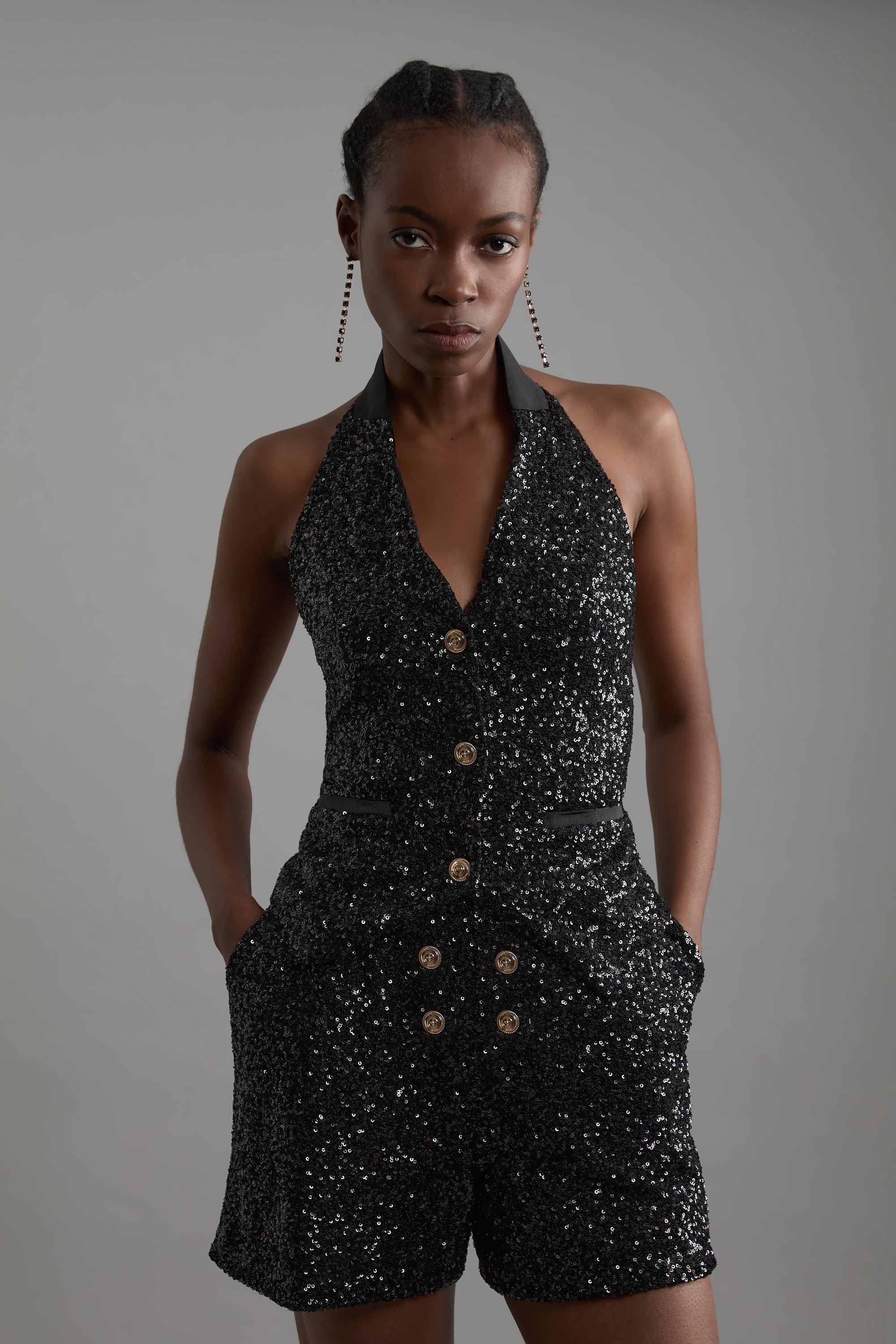 Sequin Halter Neck Waistcoat - Black