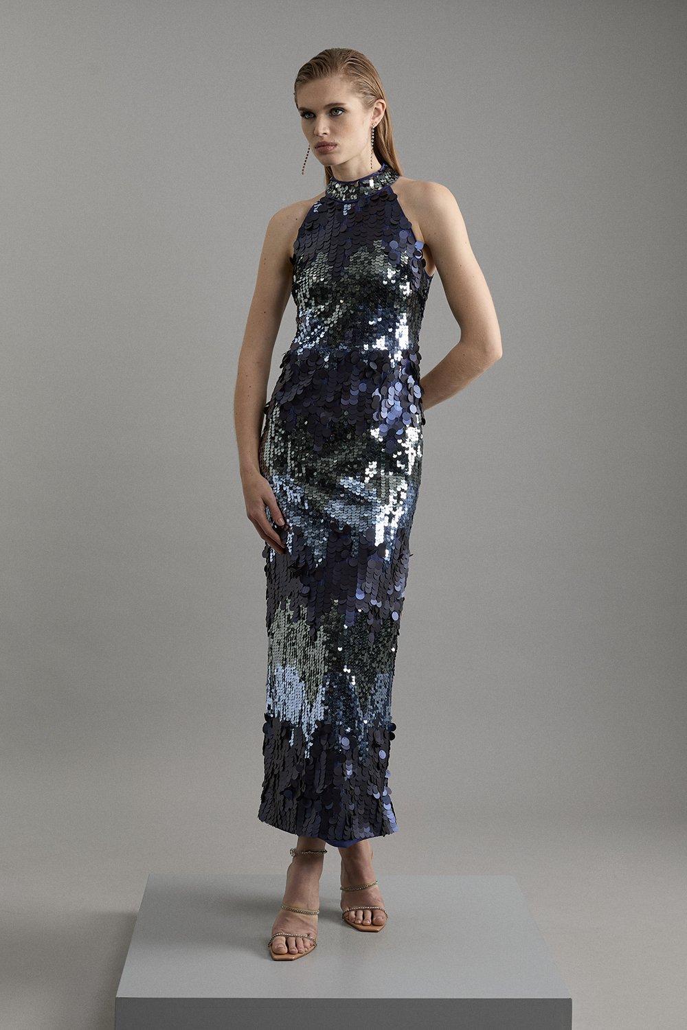 Sequin Halter Maxi Dress - Navy