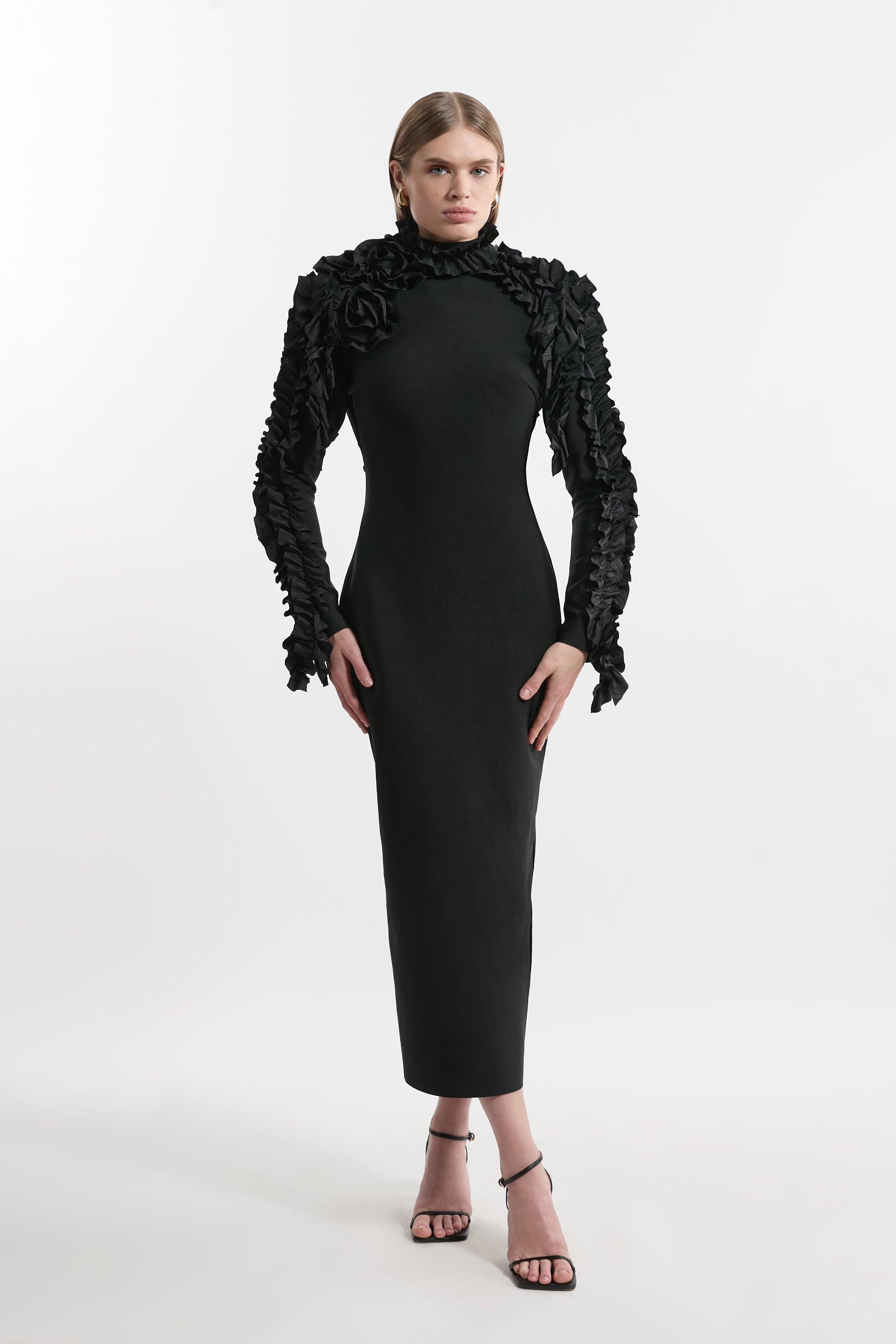 Figure Form Bandage Knit Rosette Detail Midi Dress - Black