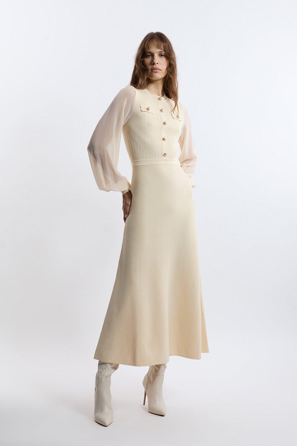 Viscose Blend Maxi Knit Dress With Chiffon Sleeve Military Trim - Cream