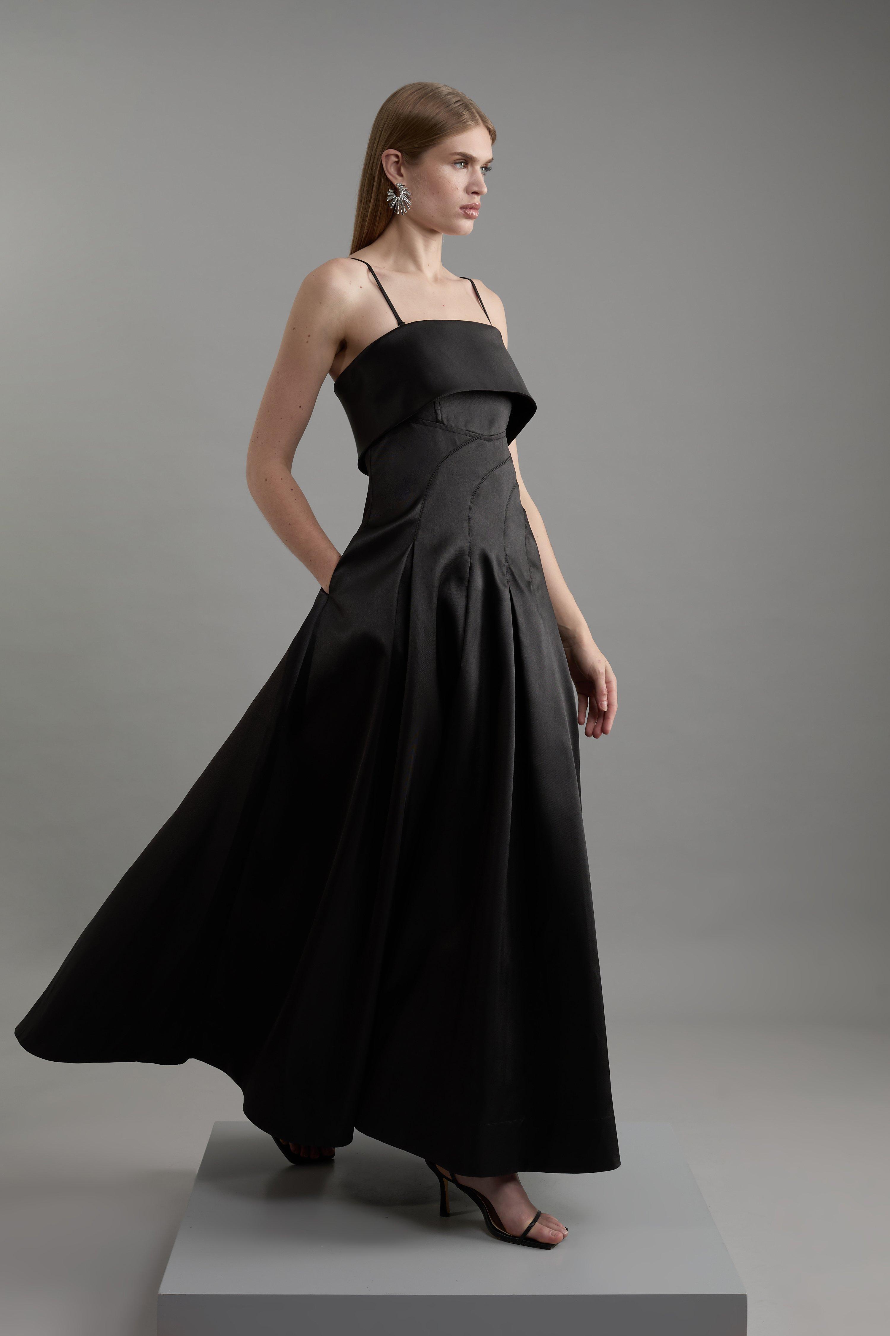 Structured Satin Bandeau Prom Tailored Maxi Dress - Black