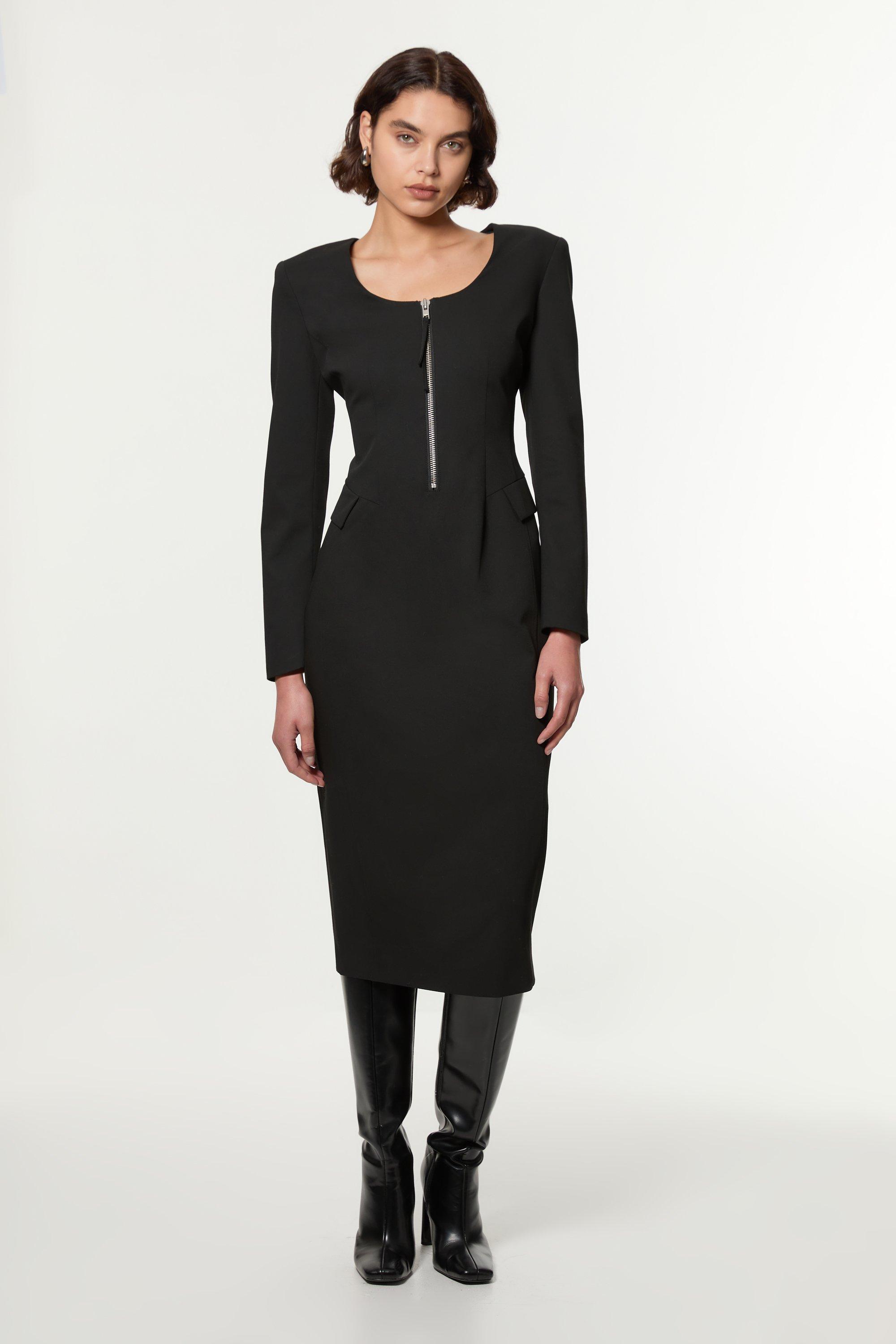 Tailored Viscose Zip Through Multi Stitch Midi Dress - Black