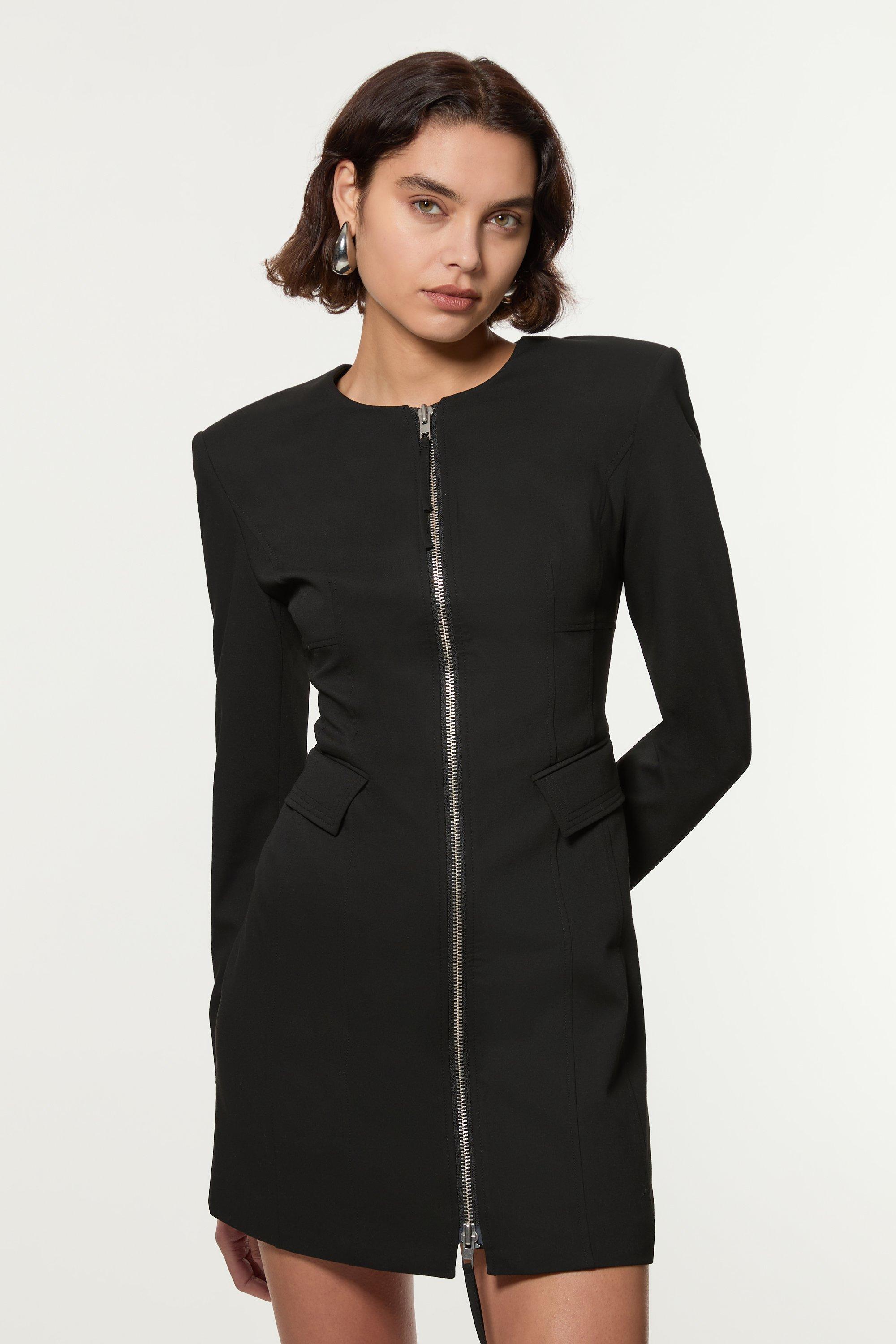 Tailored Viscose Zip Through Multi Stitch Mini Dress - Black