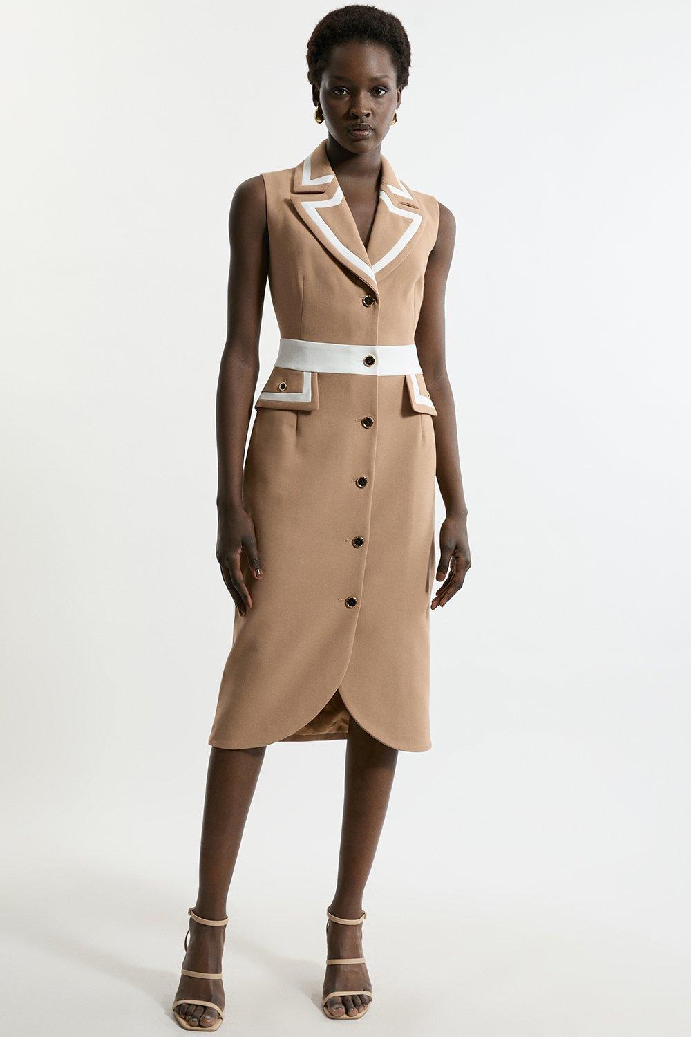 Compact Stretch Contrast Tipped Belted Tailored Midi Dress - Camel