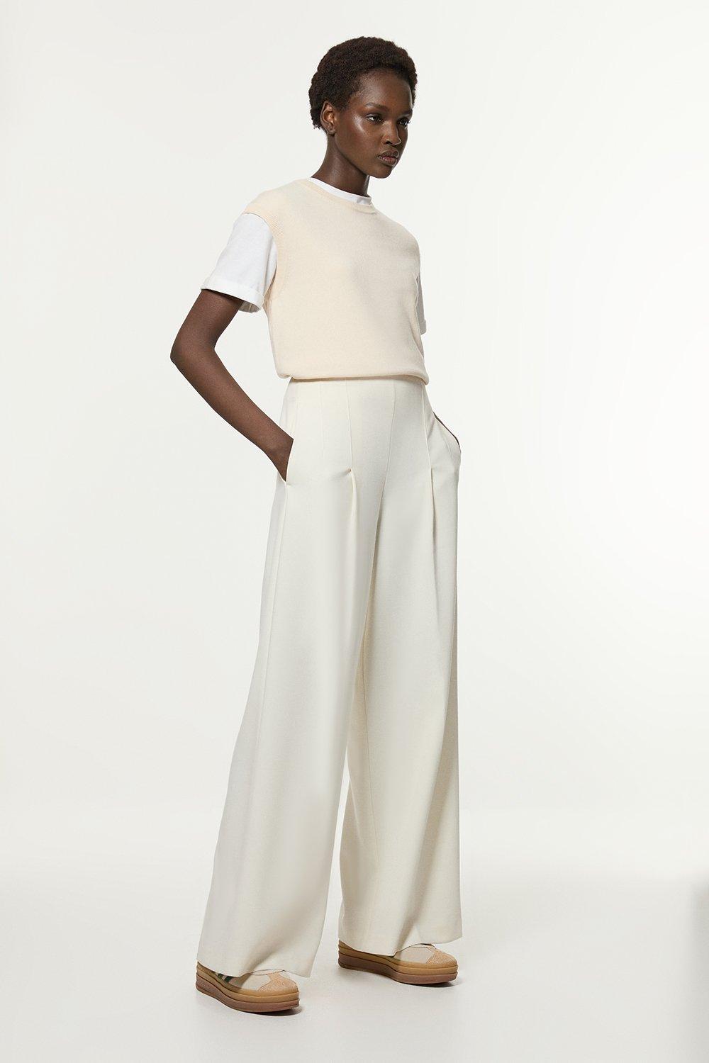 Compact Stretch Essential Wide Leg Tailored Trouser - Ivory