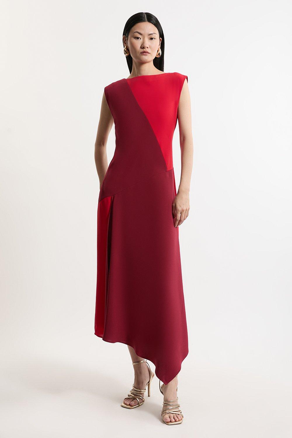 Petite Soft Tailored Bandeau Colour Block Midi Dress - Red