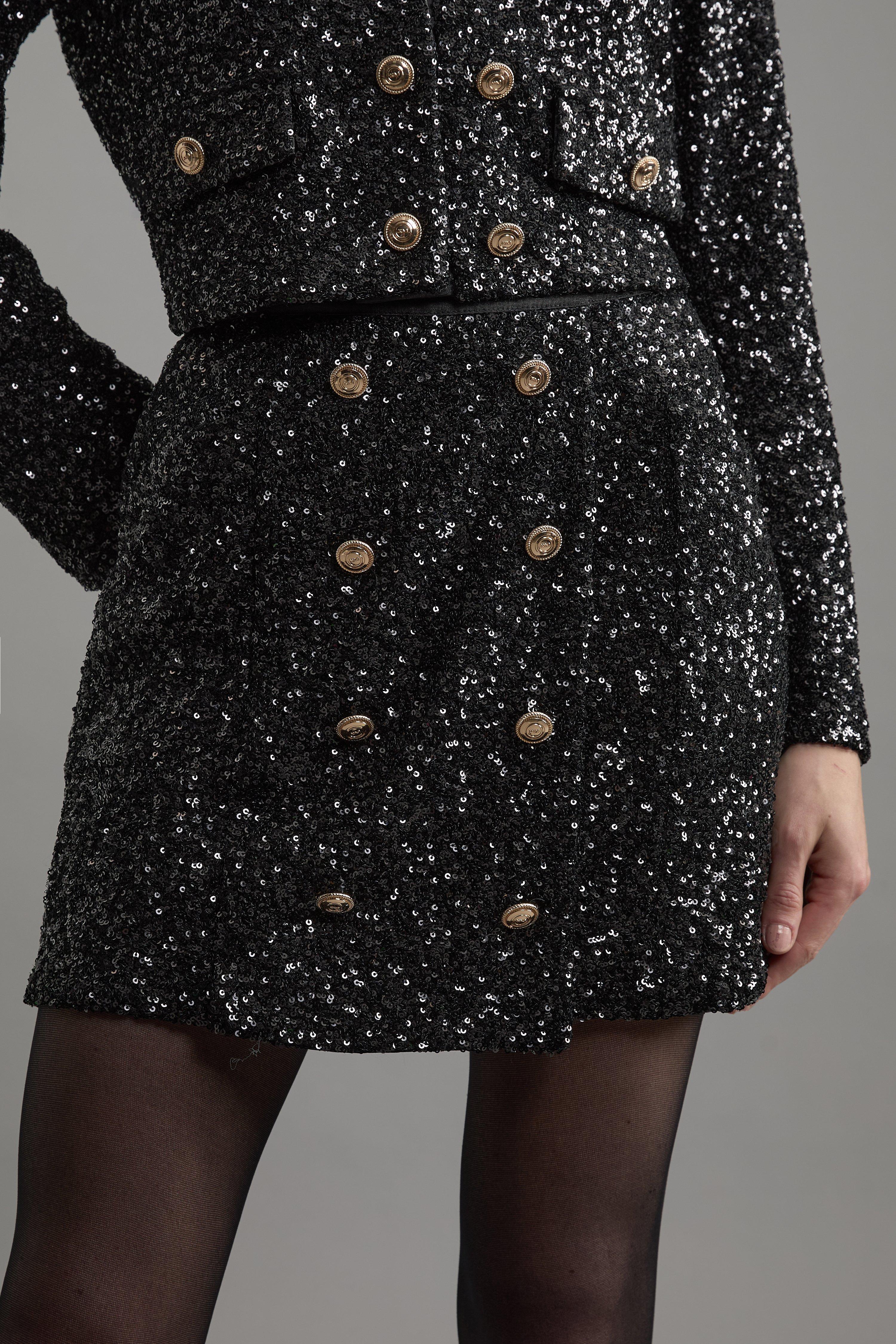 Sequin Tailored Wrap Over Mini Skirt - Black