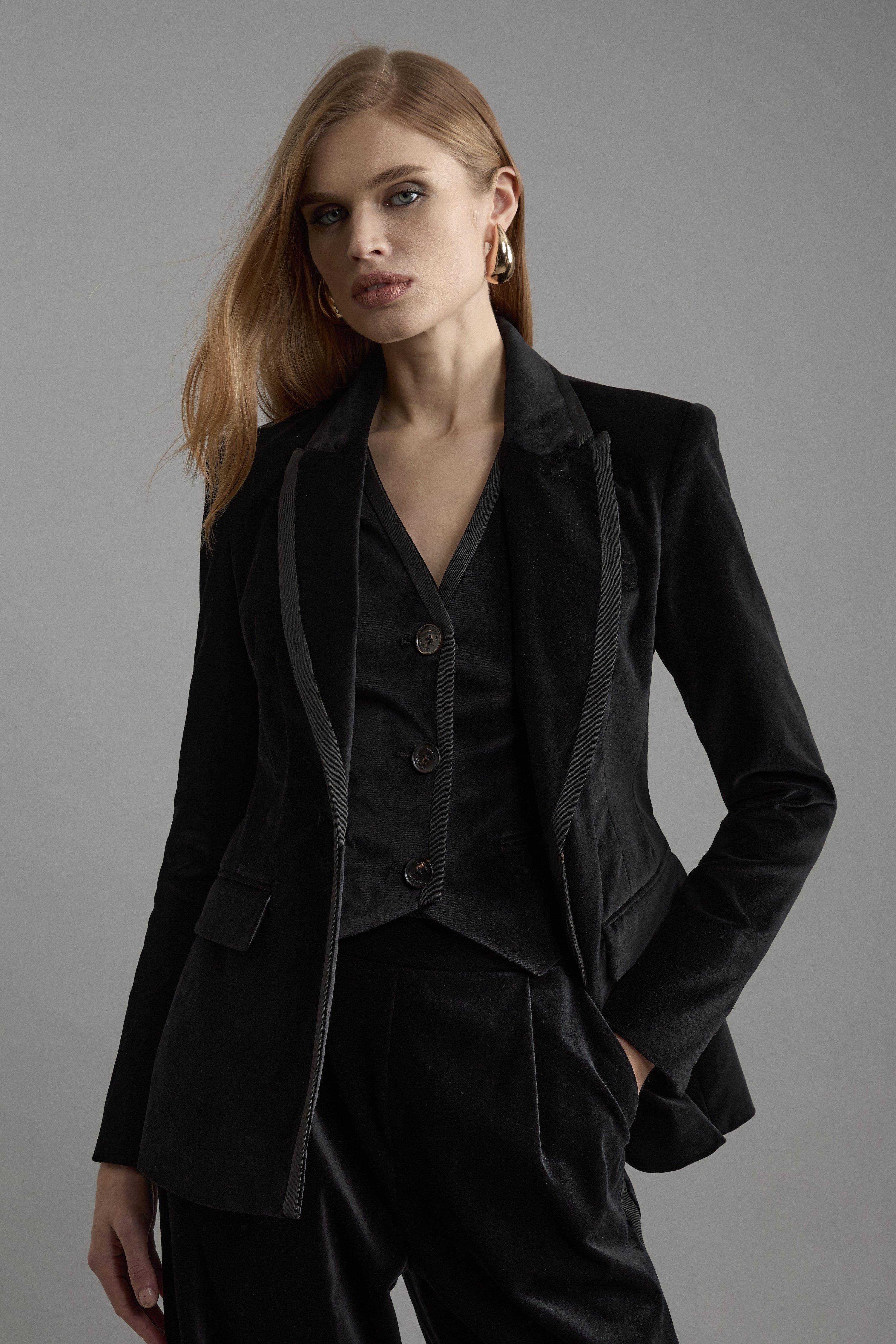 Petite Velvet Groisgrain Tailored Blazer - Black