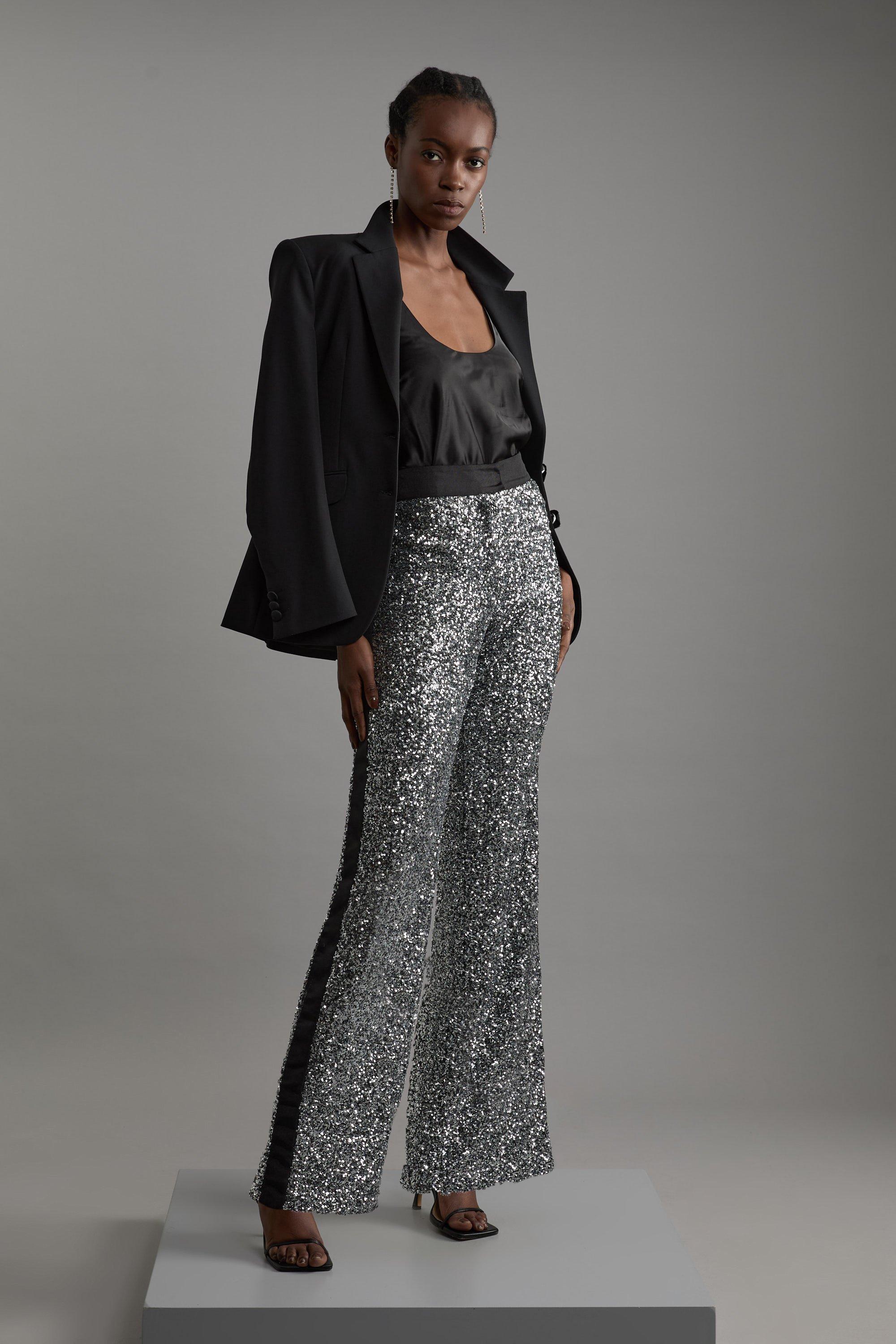 Petite Sequin High Waisted Wide Leg Trousers - Grey