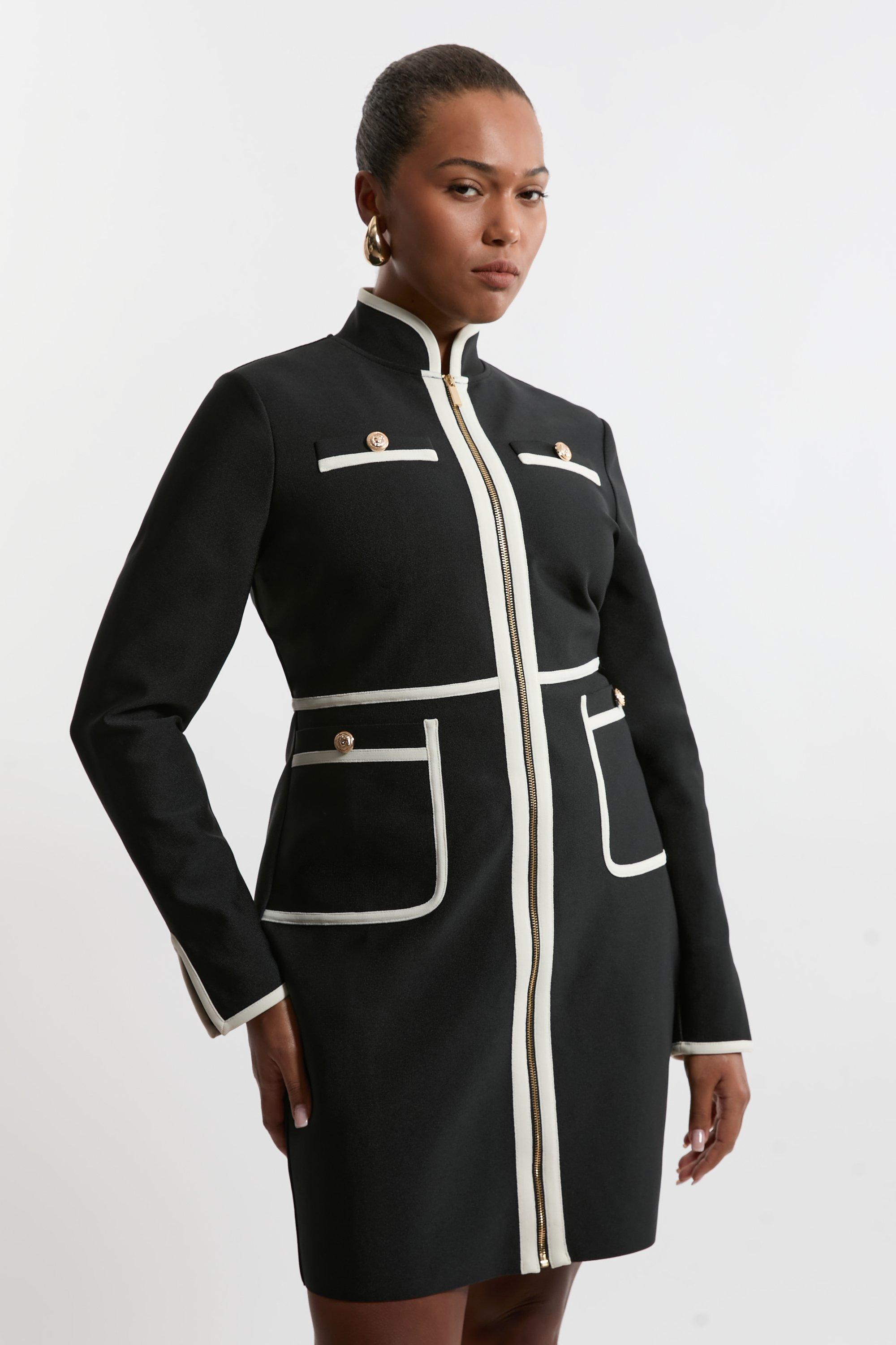 Plus Size Figure Form Bandage Knit Piping Detail Military Dress - Mono