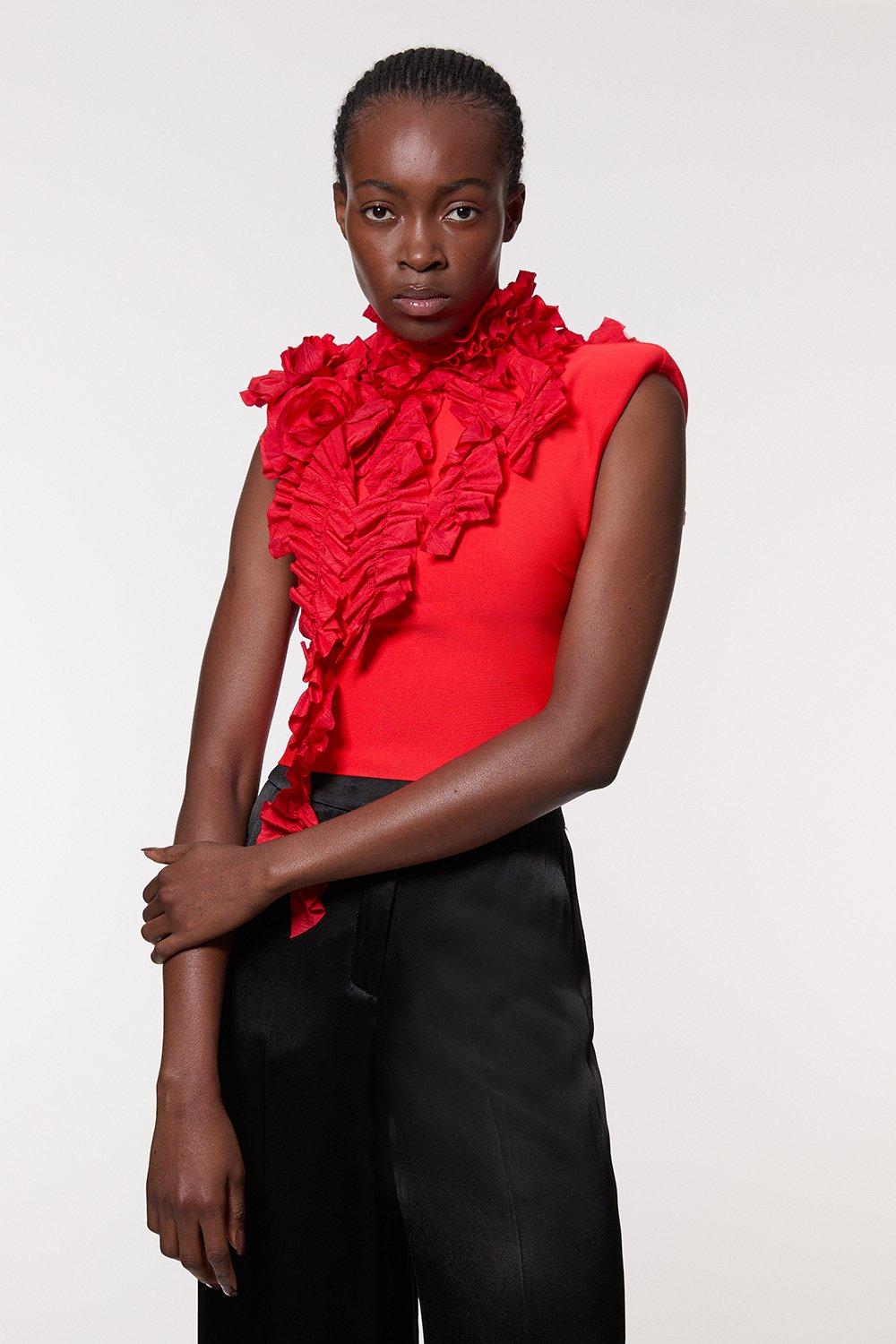 Figure Form Bandage Knit Woven Rosette Detail Top - Red
