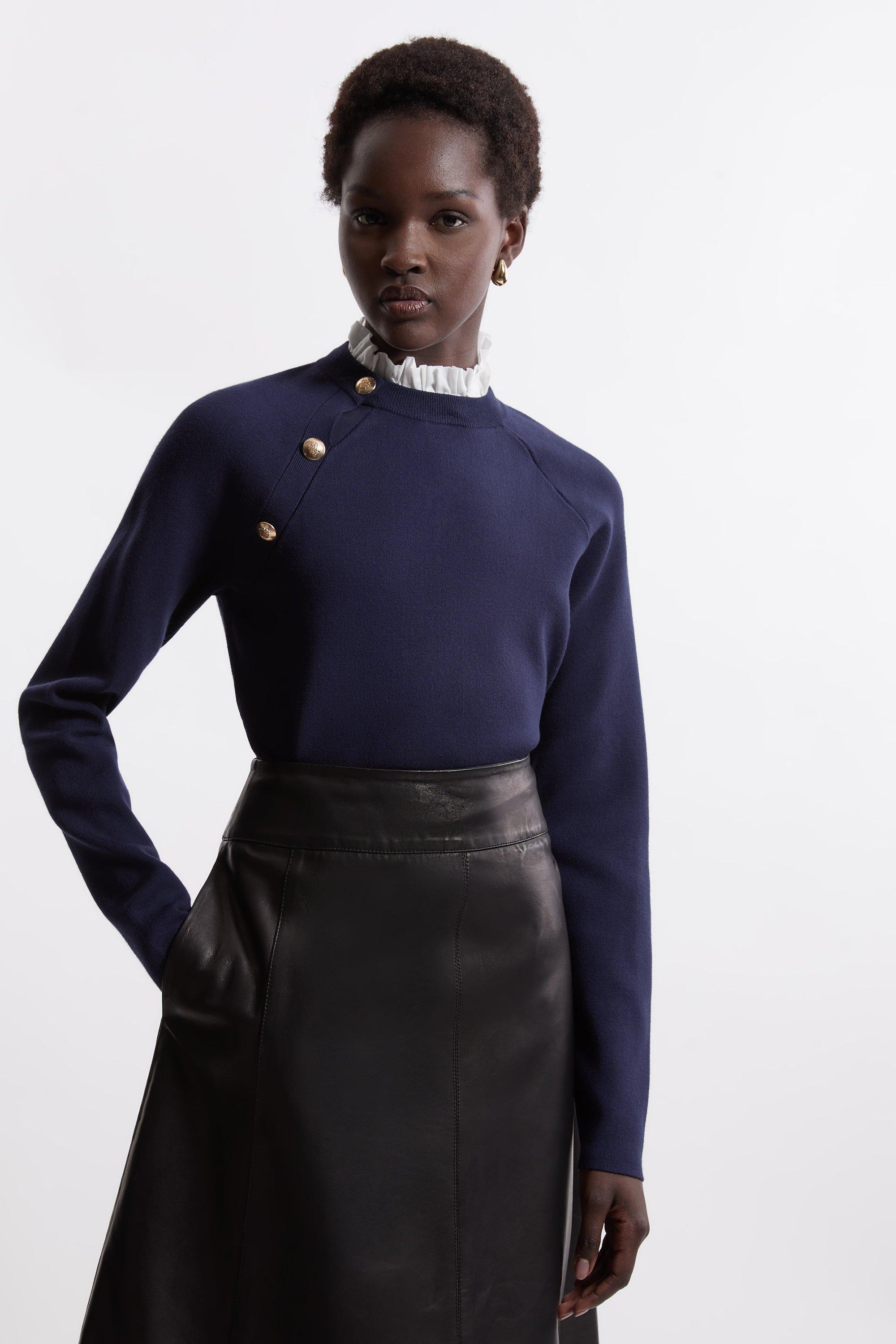 Milano Knit Removable Woven Collar Top - Navy