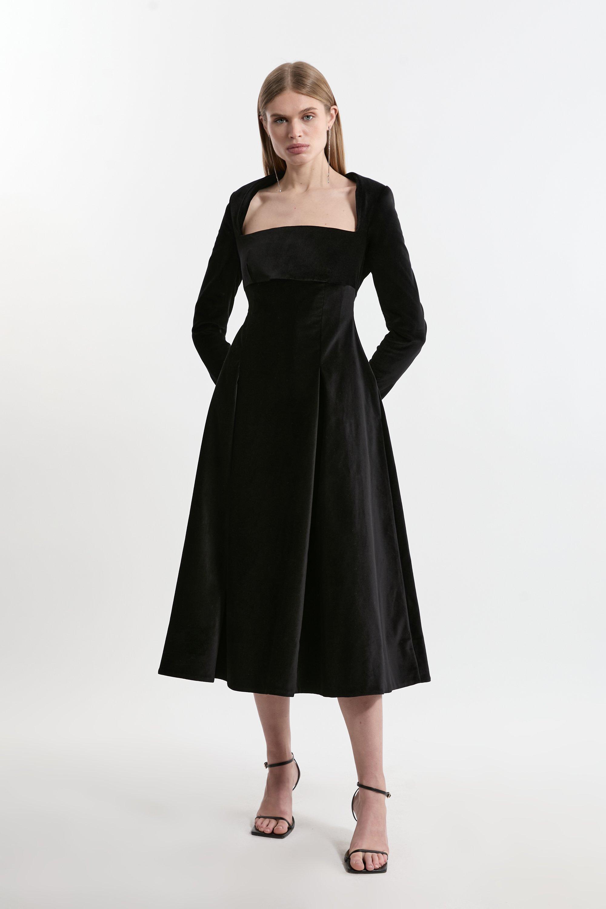 Velvet Tailored Pleat Full Skirted Midaxi Dress - Black