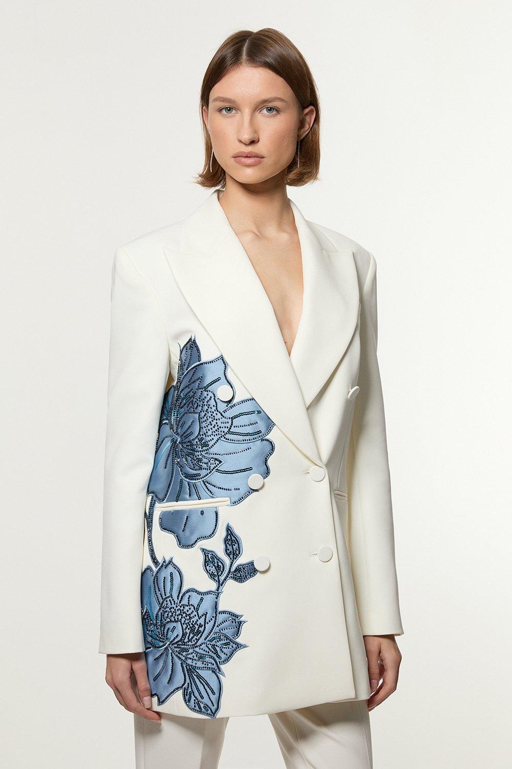 Tailored Applique Satin Beaded Tuxedo Blazer - Ivory