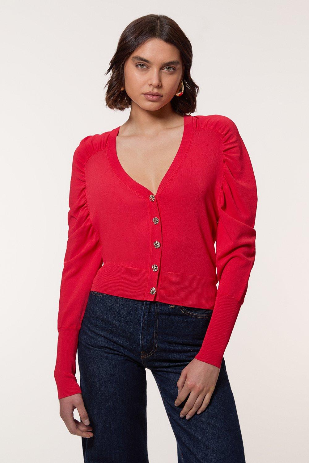 Premium Drapey Knit Ruched Sleeve Cardi - Red