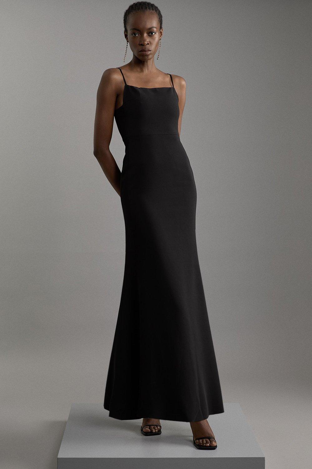 Compact Stretch Viscose Tailored Square Neck Maxi Dress - Black