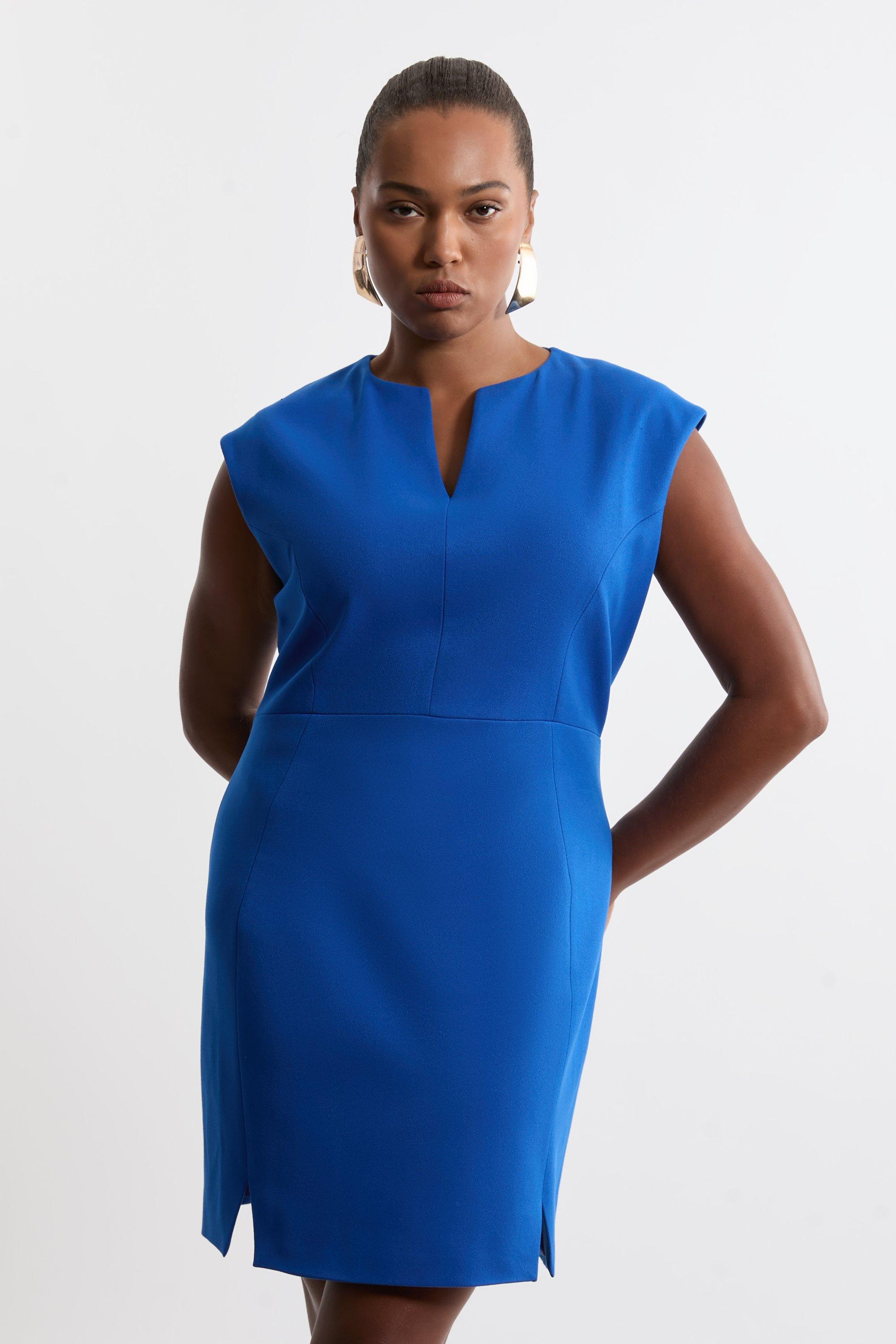 Plus Size Structured Crepe Tailored Full Skirted Belted Midi Dress - Blue