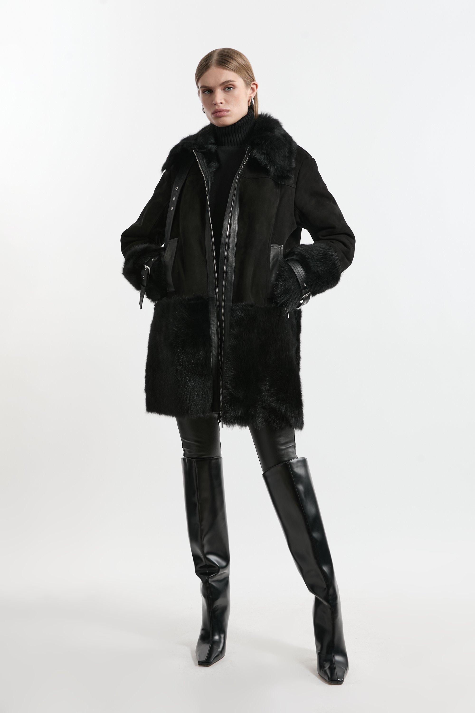 Shearling Longline Avaitor Coat – Black
