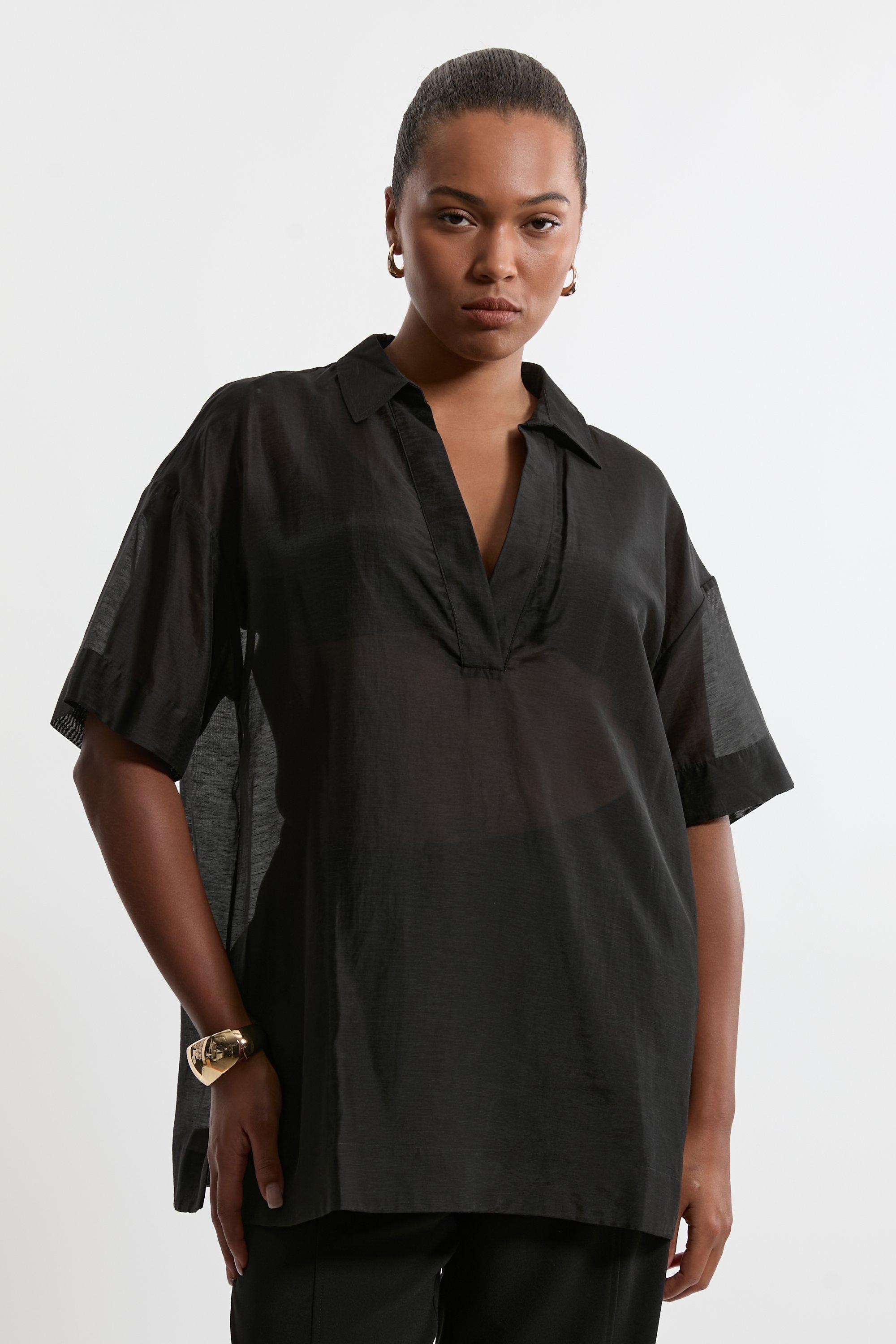 Plus Size Short Sleeve Boxy Slub Woven Shirt - Black