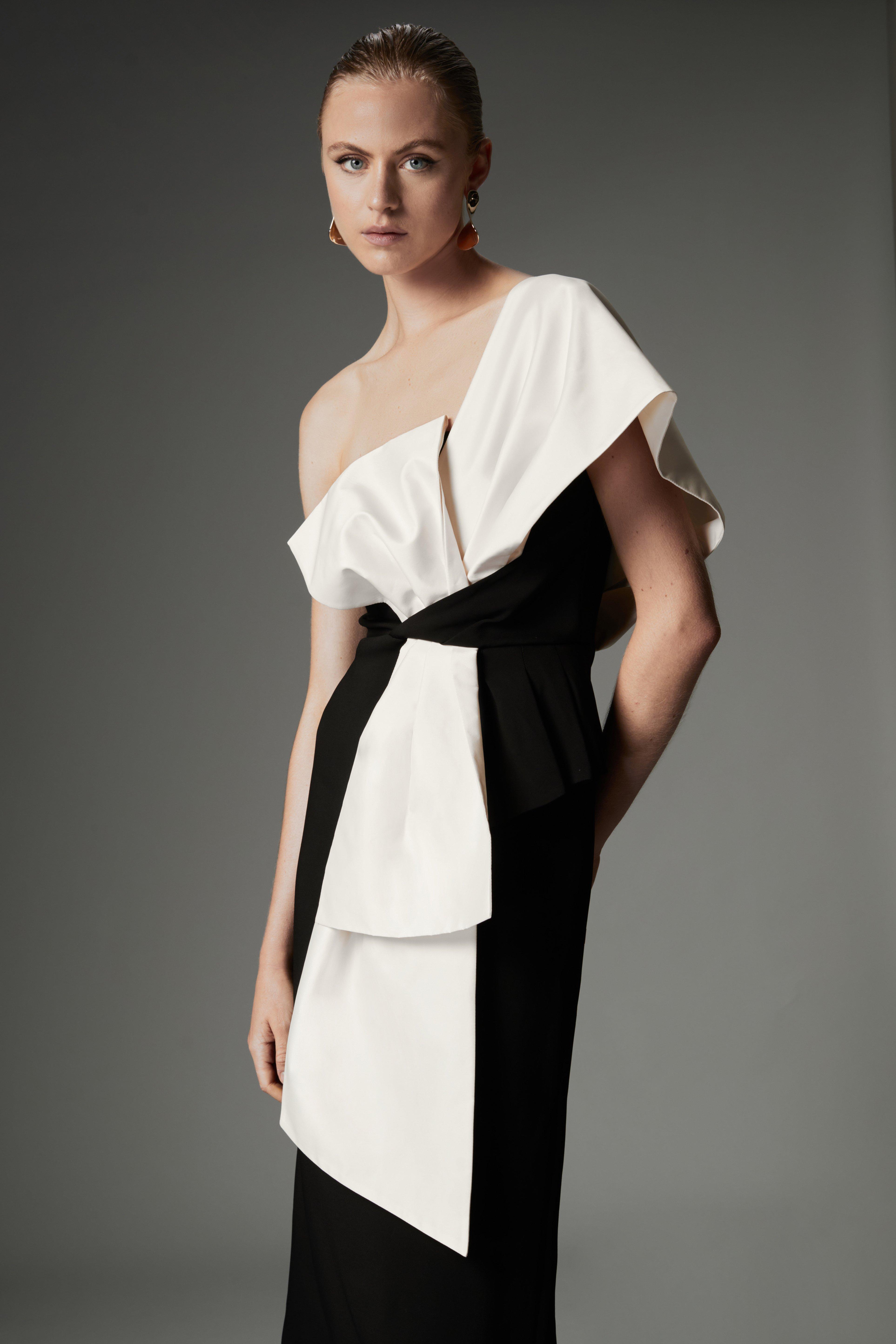 Archive Collection - Bow Detail One Shoulder Crepe Woven Midi Dress - Mono