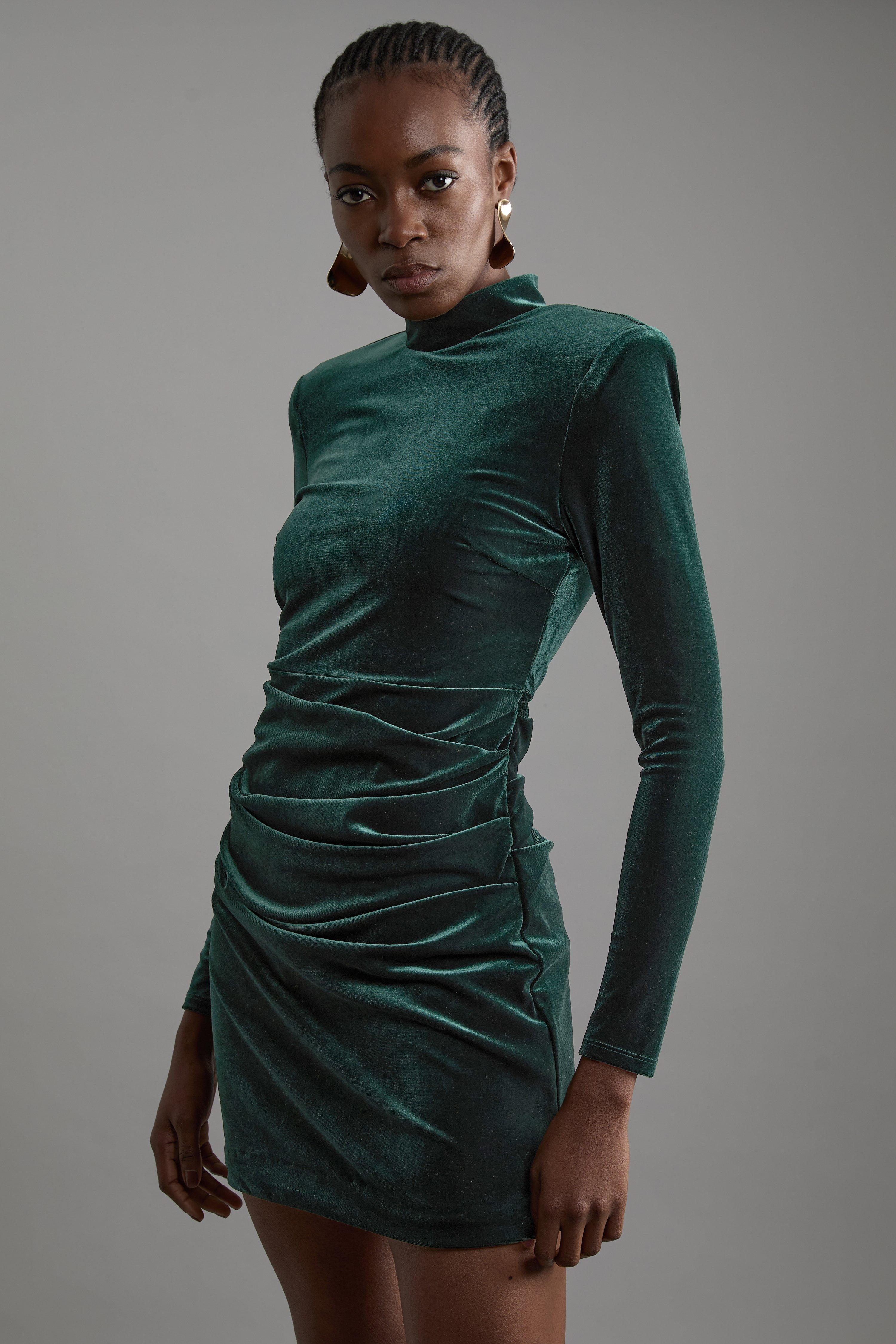 Tailored Velvet High Neck Mini Dress - Green